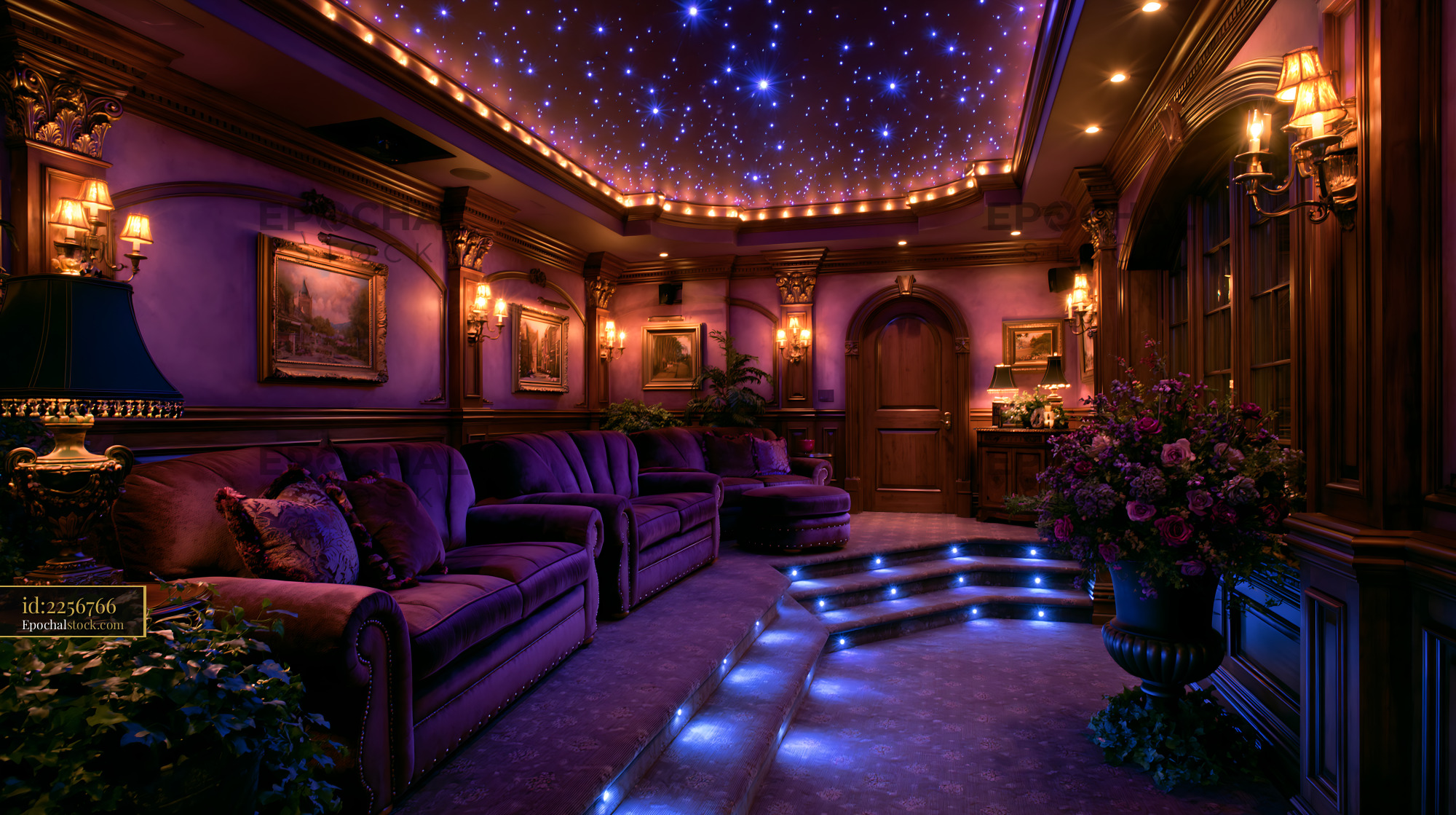 Watermarked full-resolution preview of Cozy home theater with purple decor and starry ceiling