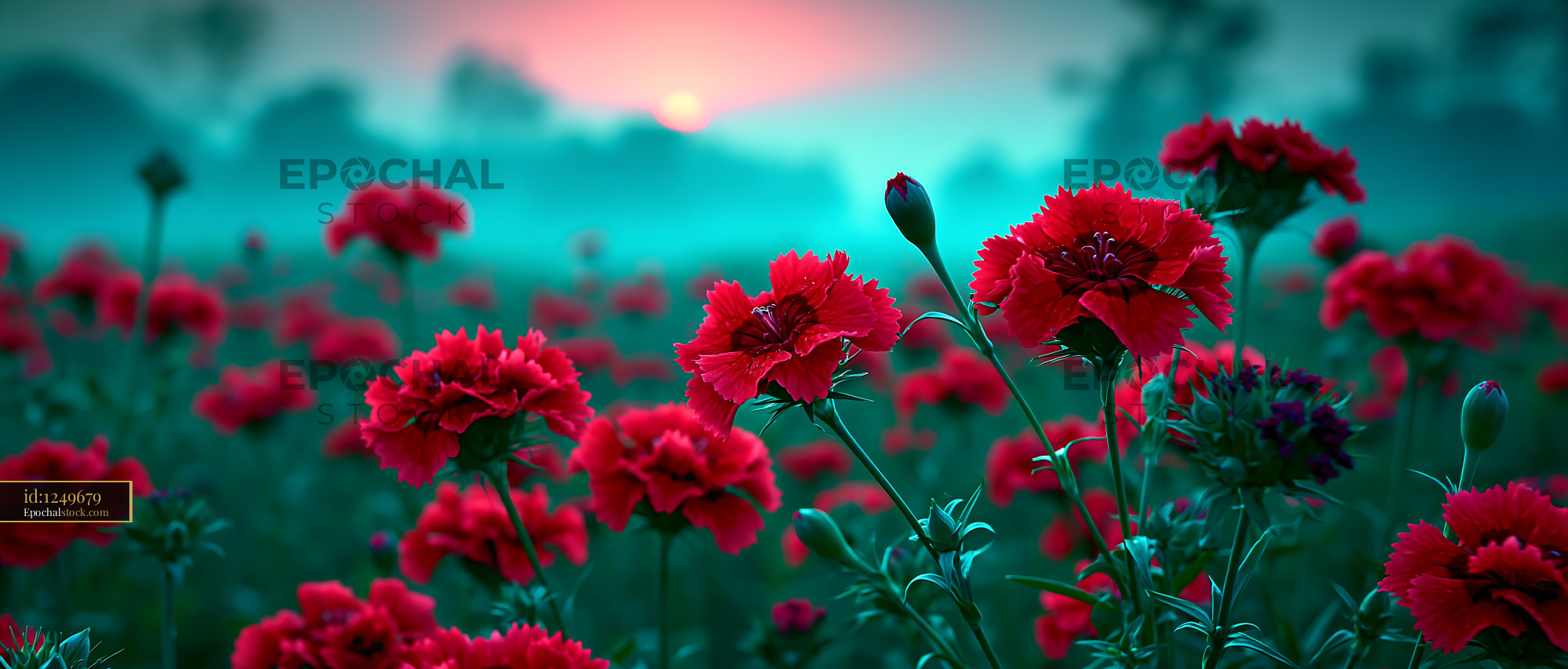 Watermarked full-resolution preview of Red flowers blooming under sunset sky