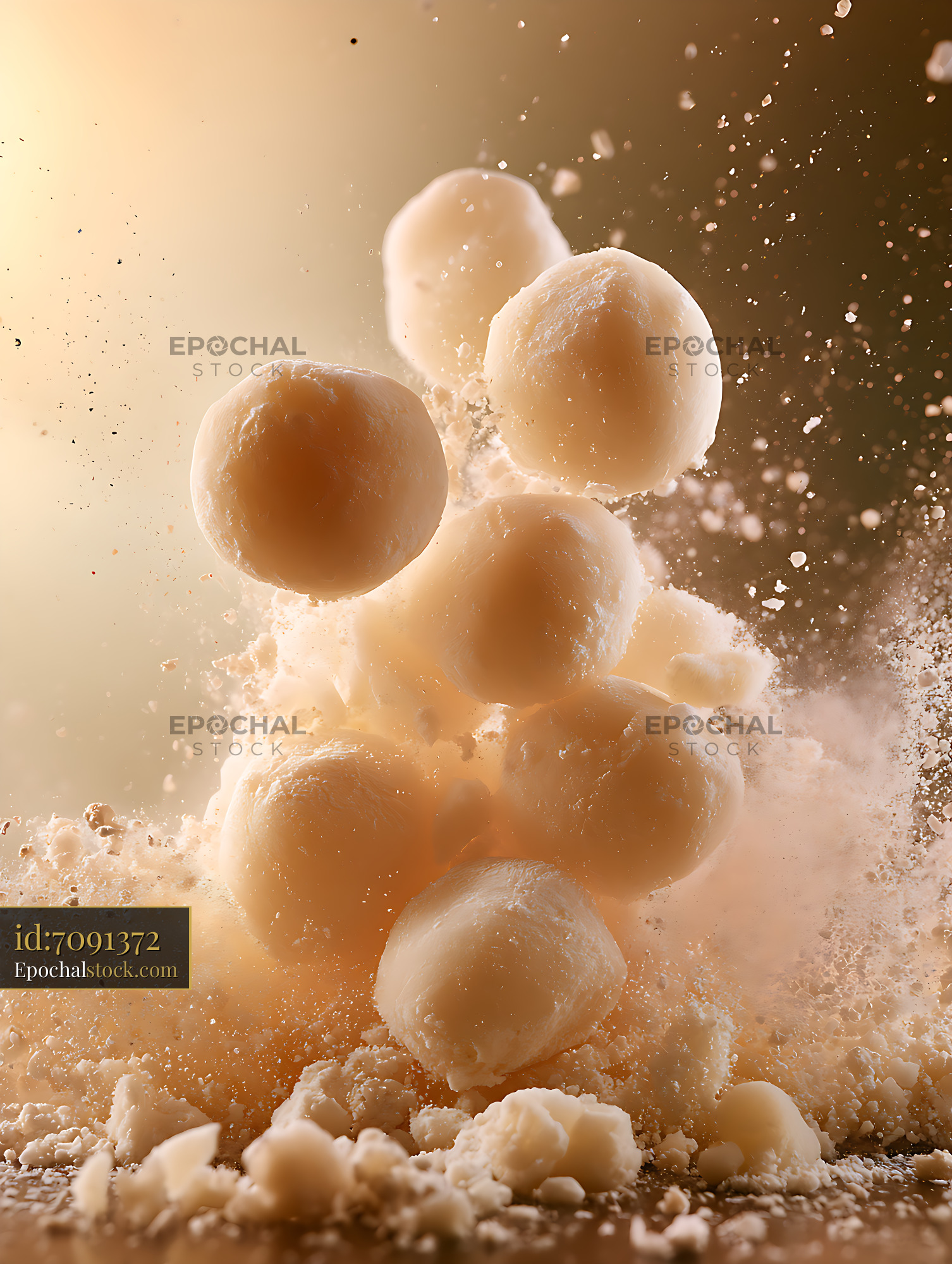 Watermarked full-resolution preview of Close up of splashing balls of dough on a wooden surface