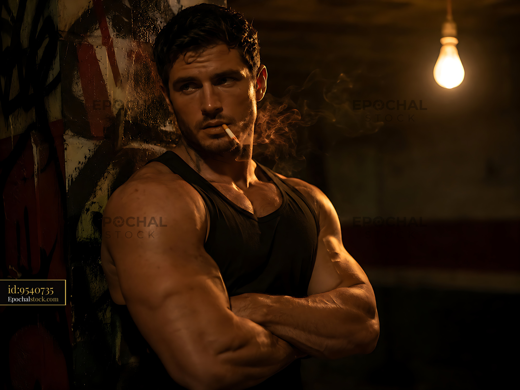 Watermarked full-resolution preview of Man leaning against wall with cigarette in urban setting