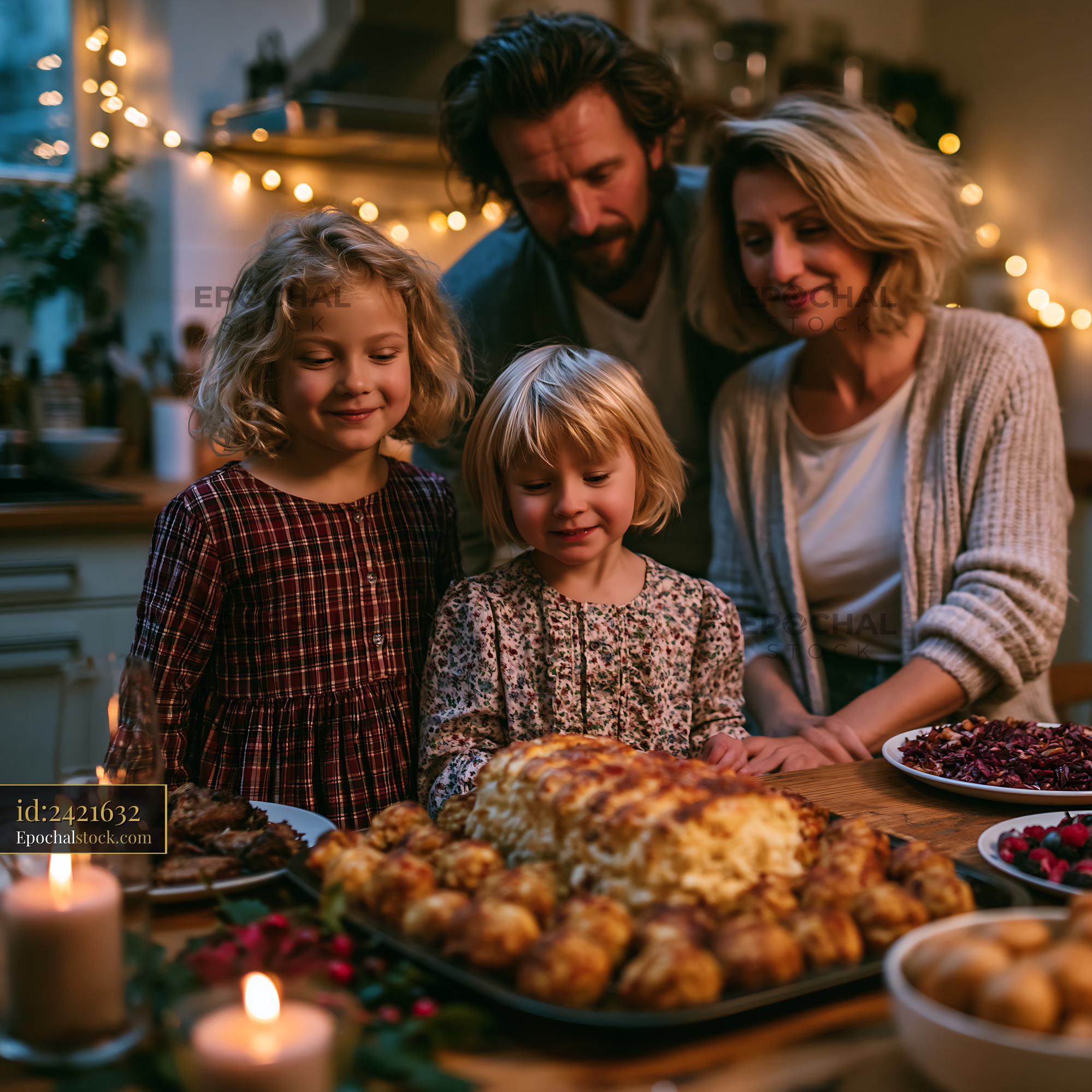 Watermarked full-resolution preview of Family celebration with cake and children in warm light