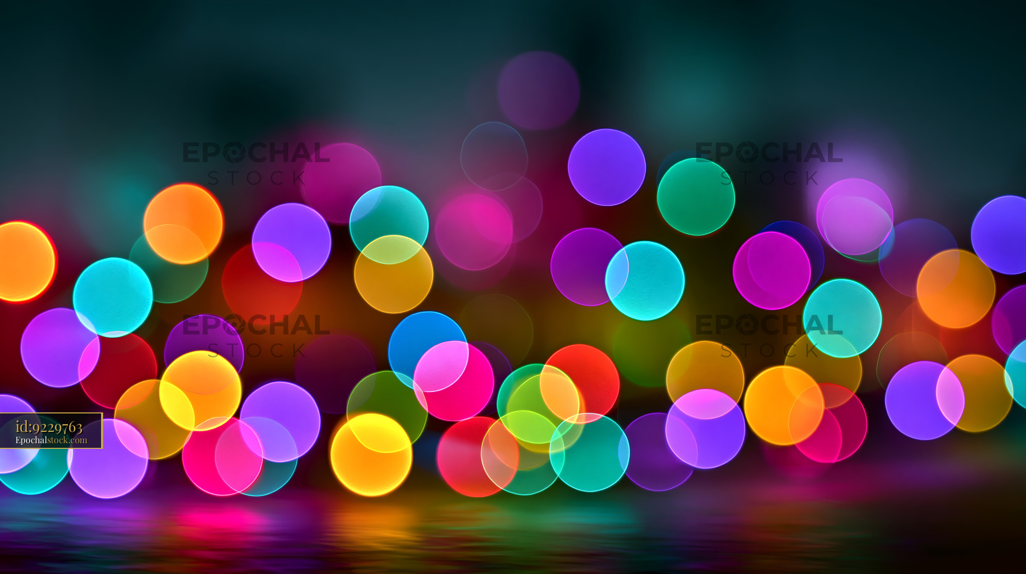 Watermarked full-resolution preview of Bright colorful bokeh lights create an abstract background scene