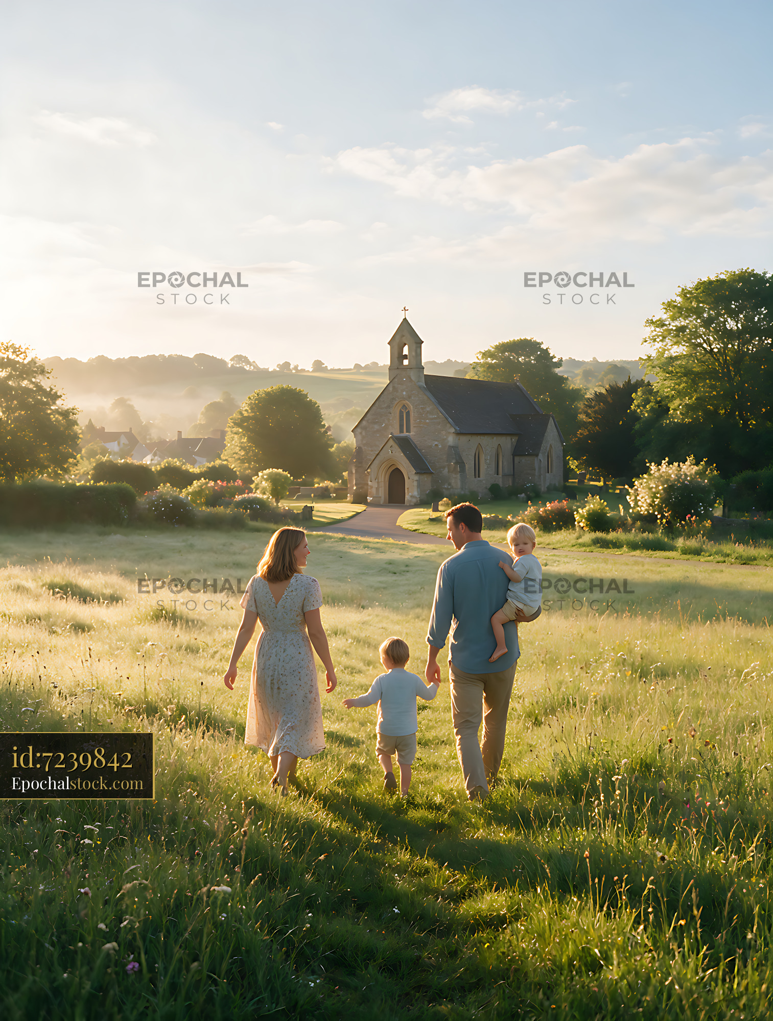 Watermarked full-resolution preview of Family walking toward a church in the countryside