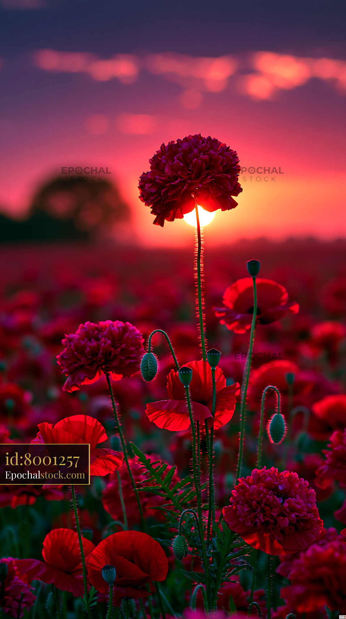 Watermarked full-resolution preview of Vibrant red poppy flowers against a sunset sky