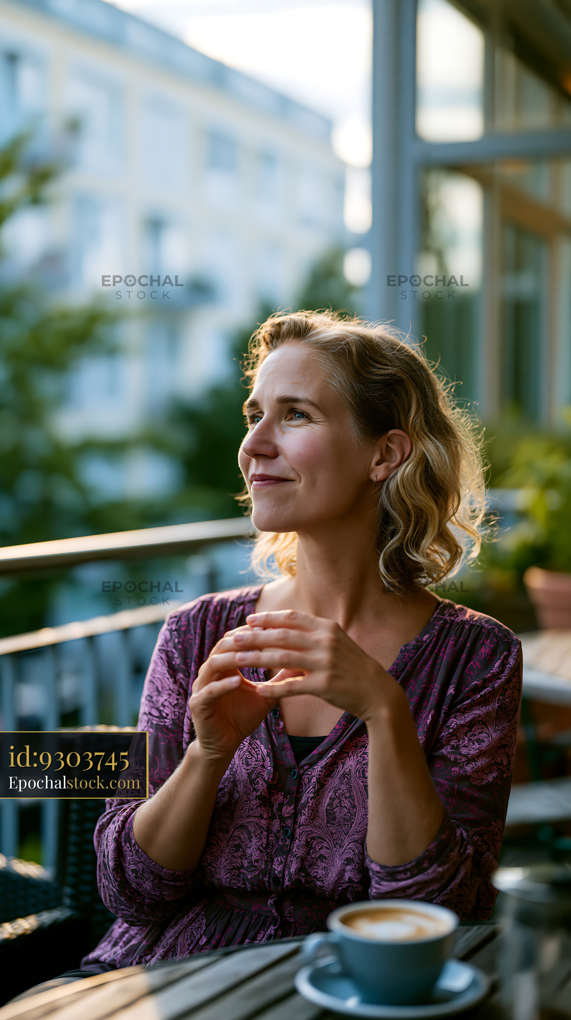 Watermarked full-resolution preview of Woman enjoying a drink on a balcony during sunset