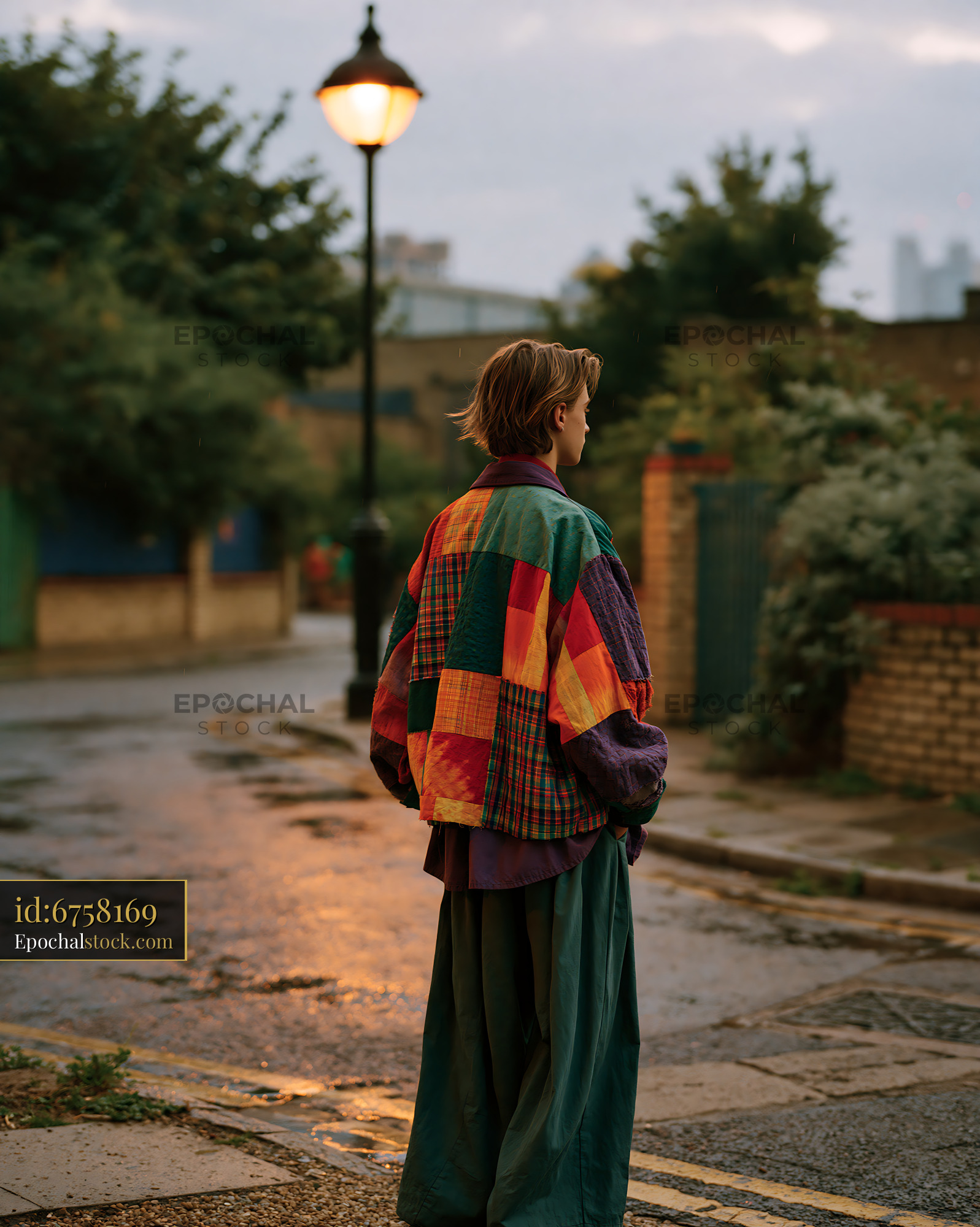 Androgynous Model in Deconstructed Patchwork Outfit on Street - stock photo
