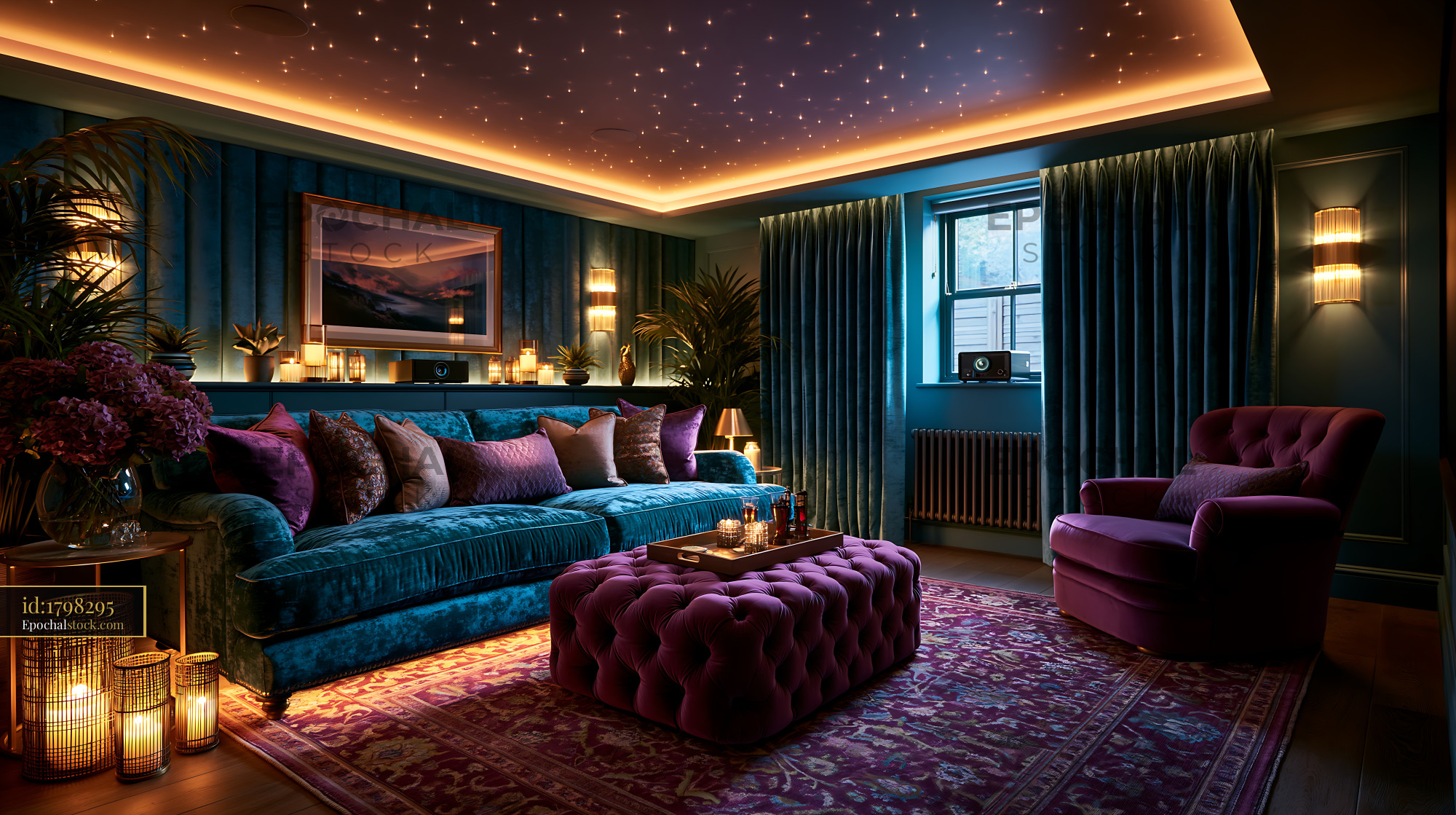Watermarked full-resolution preview of Cozy living room with elegant decor and soft lighting in evening