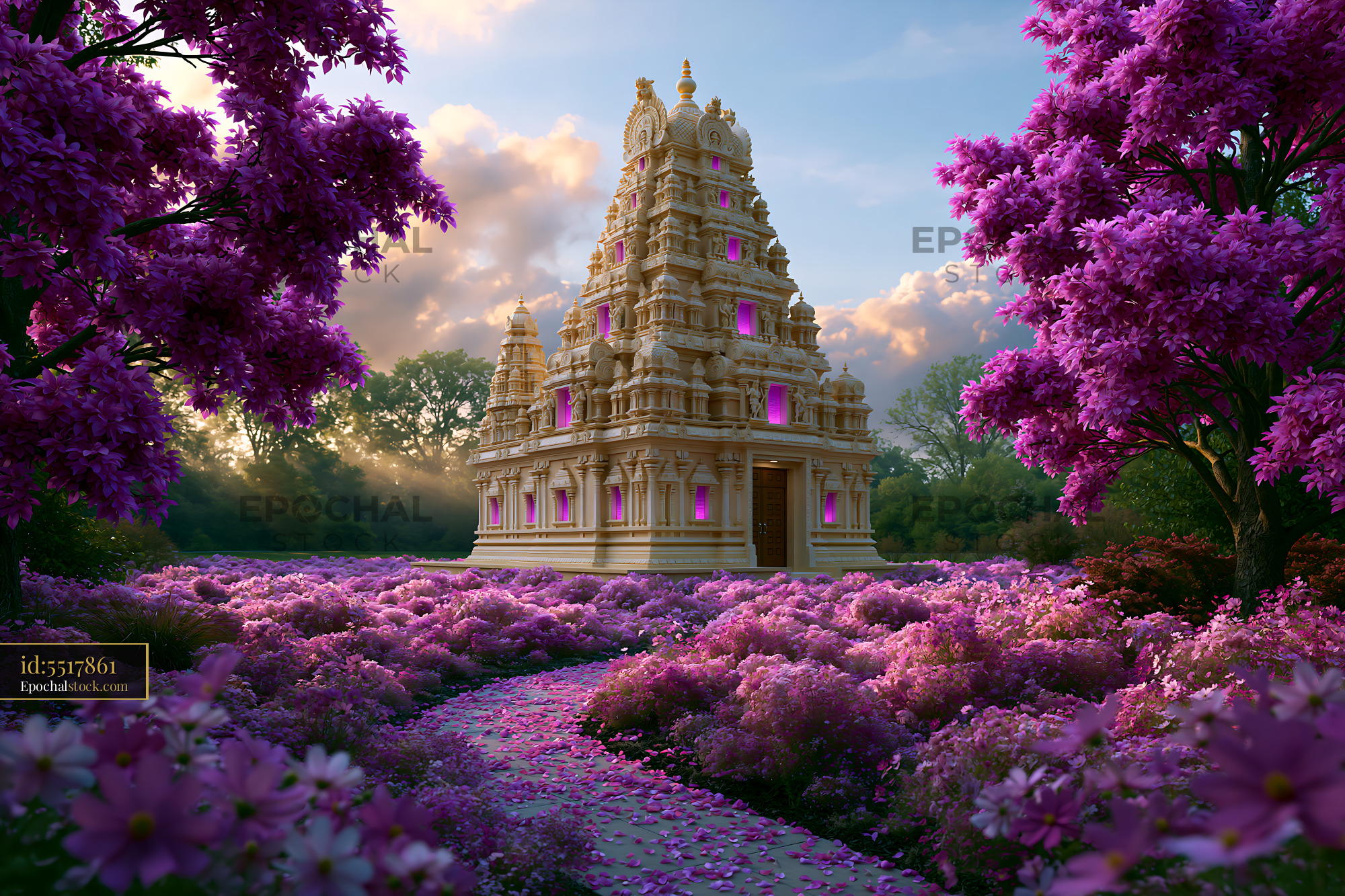 Watermarked full-resolution preview of Beautiful temple surrounded by flowers in a vibrant landscape