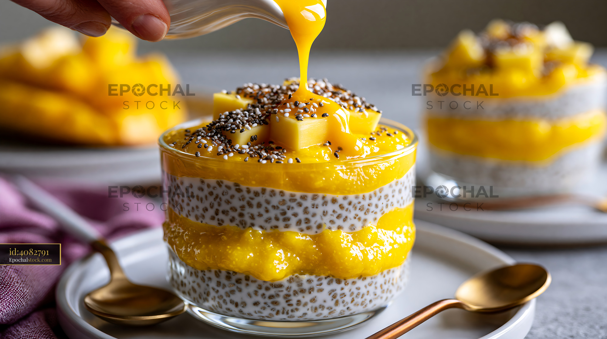 Watermarked full-resolution preview of Chia seed pudding with mango topping and cubes