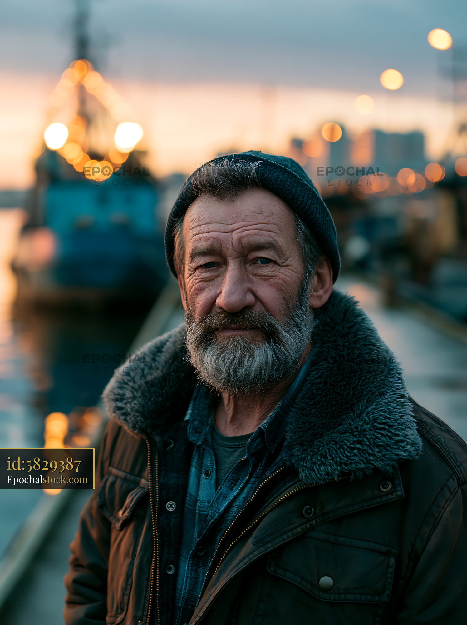 Watermarked full-resolution preview of Portrait of a man by the harbor at sunset