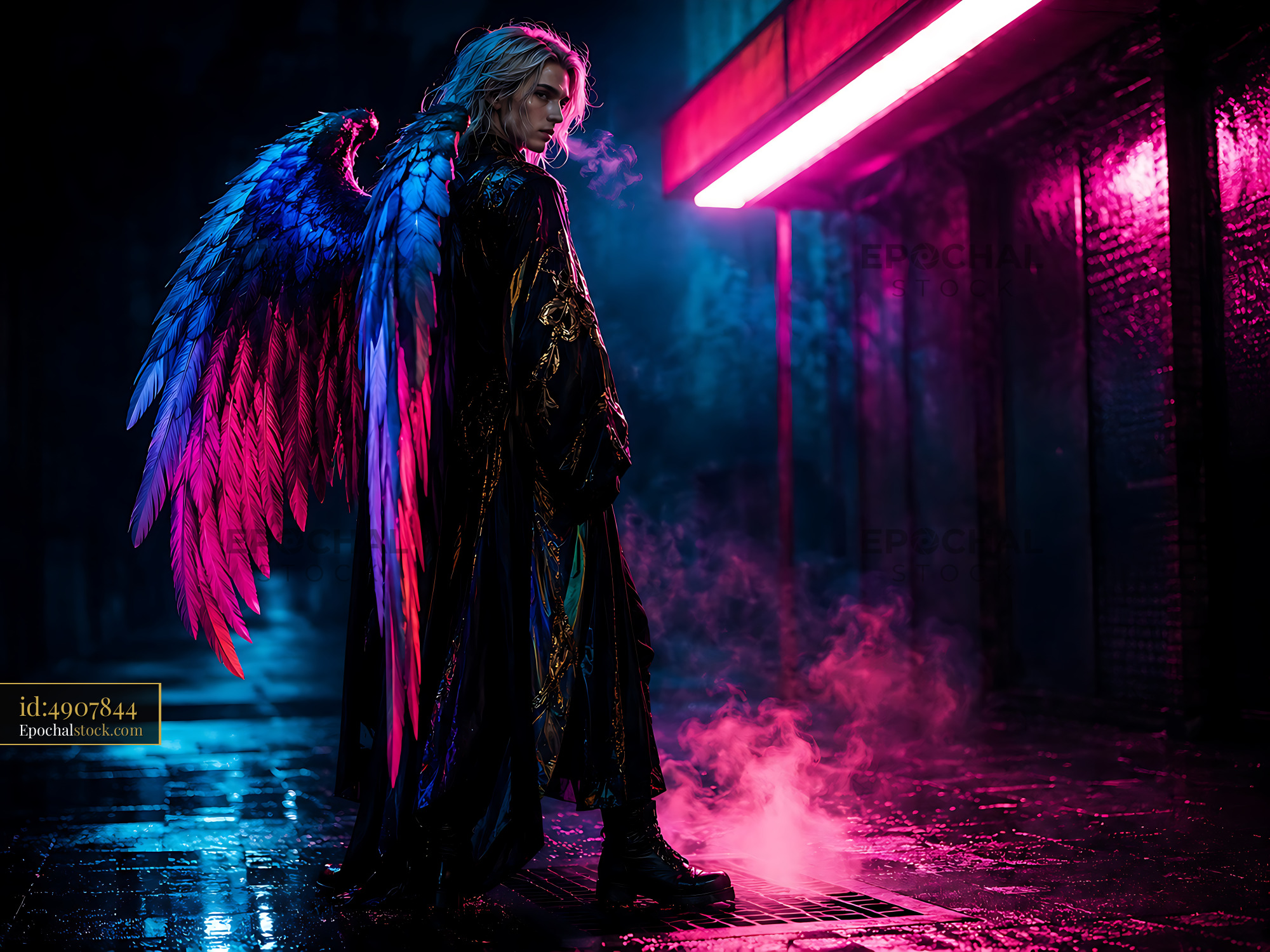 Watermarked full-resolution preview of Young person with wings standing in neon light at night