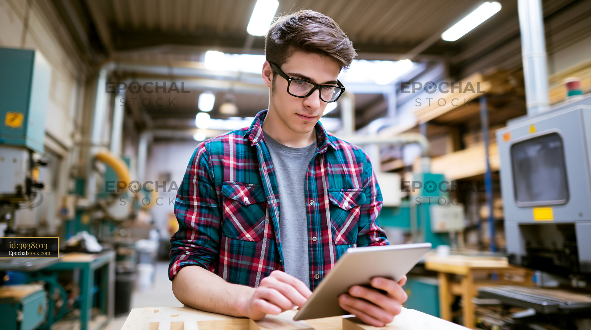 Watermarked full-resolution preview of Young man using tablet in woodworking shop