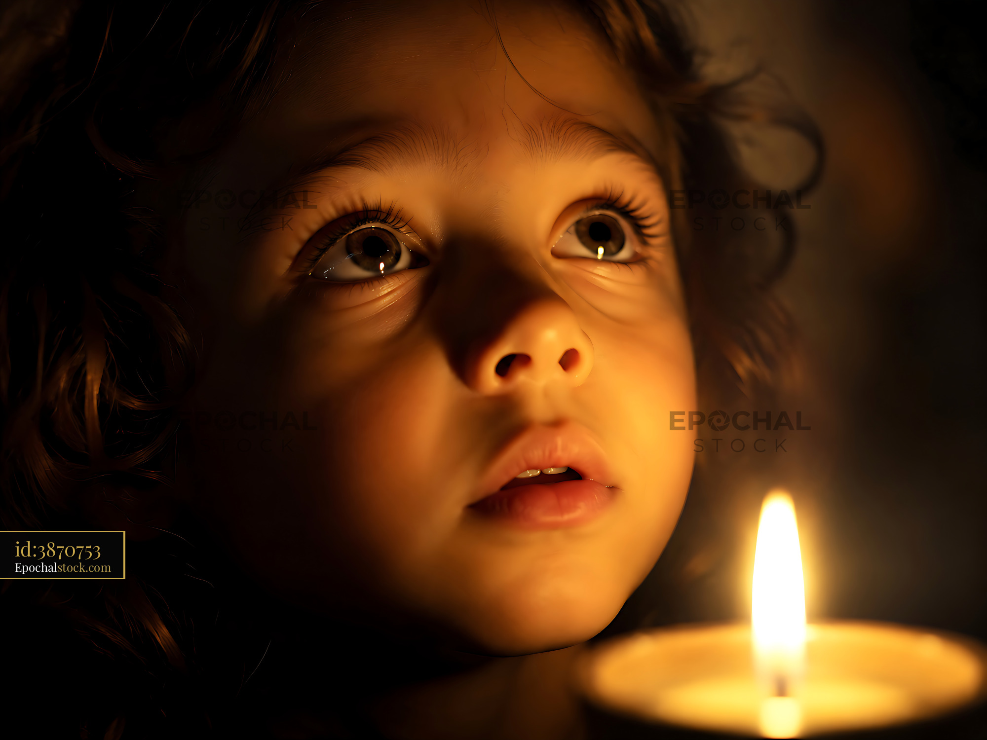 Child Gazes at Candle Flame With Wonder in Dim Light - stock photo