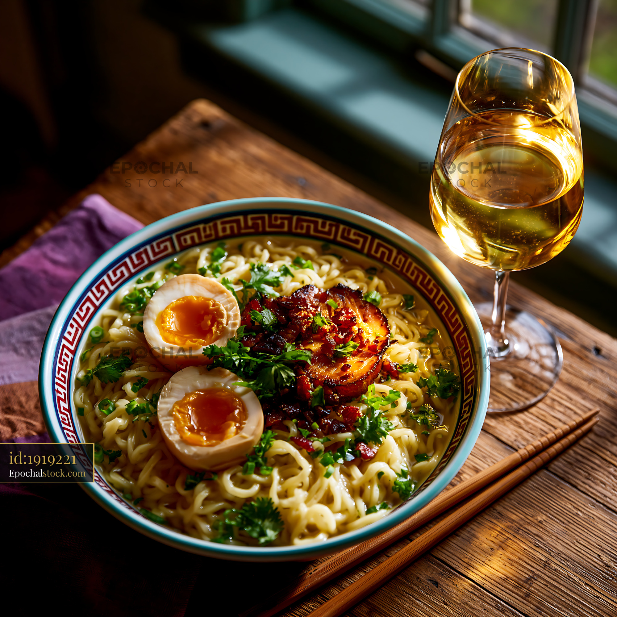 Watermarked full-resolution preview of Warm bowl of ramen with soft boiled eggs and a glass of white wine