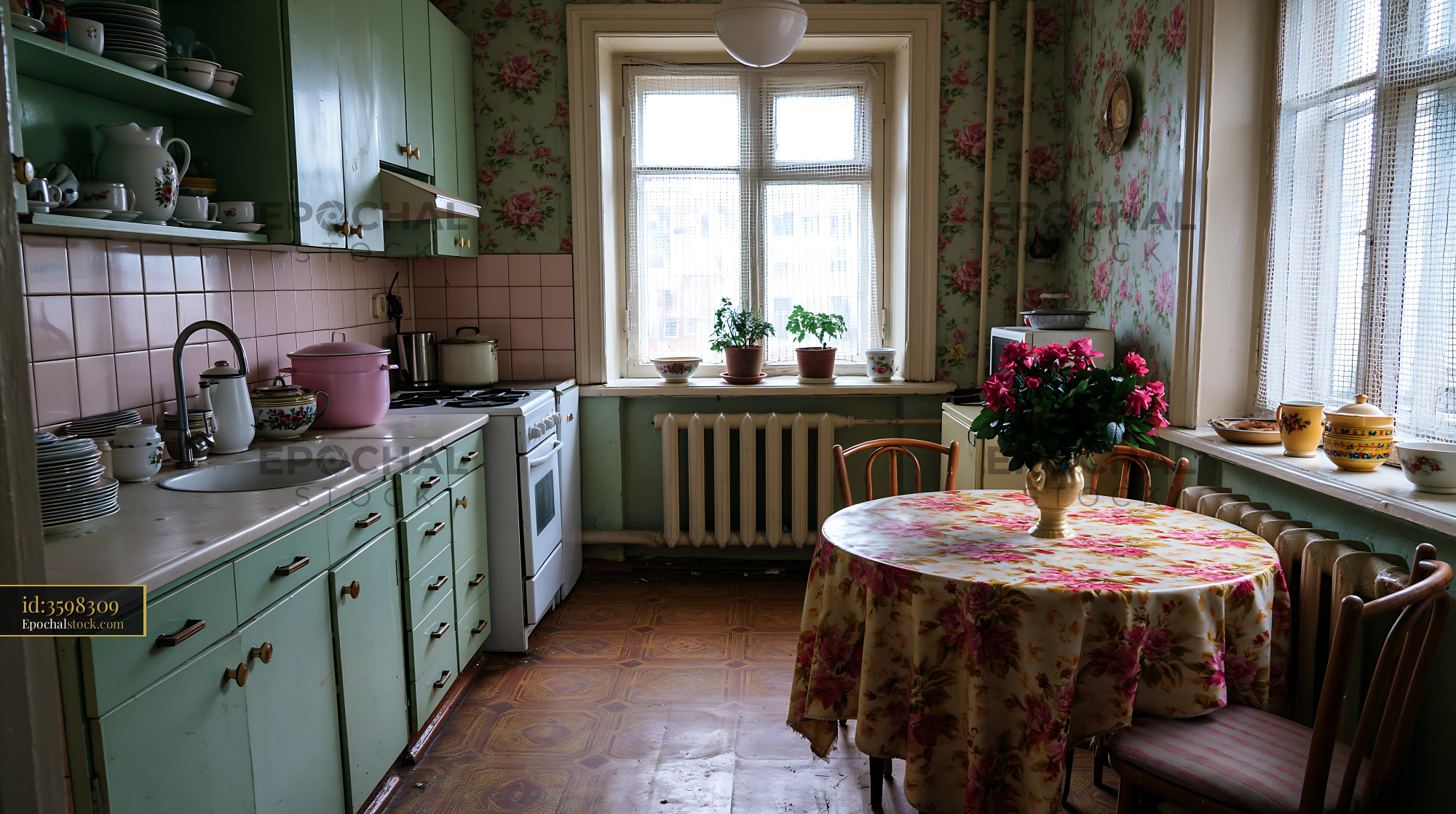 Watermarked full-resolution preview of Cozy kitchen with floral decor and natural light