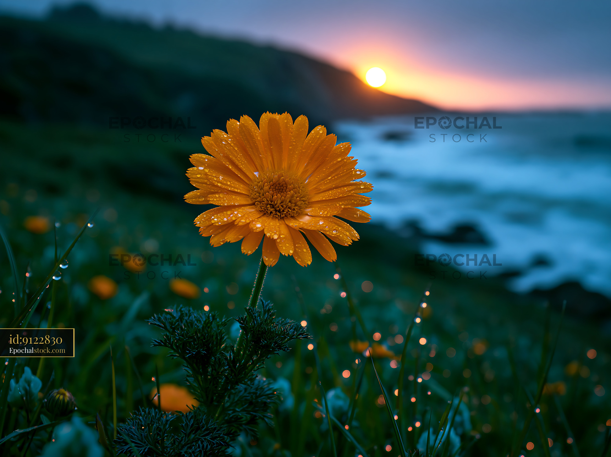 Flower Stands Tall With Dew Drops at Sunset by the Ocean - stock photo