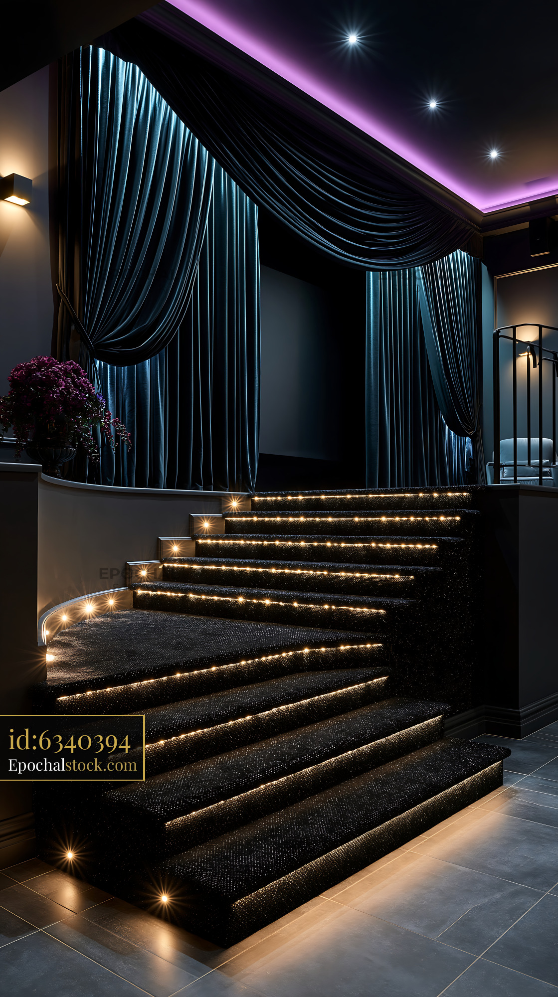 Watermarked full-resolution preview of Modern staircase with lighted steps in a dark room