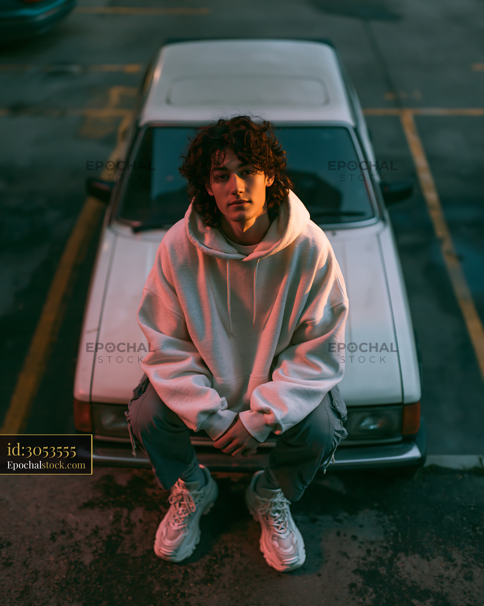 Watermarked full-resolution preview of Young man sitting on the hood of a car in an urban setting