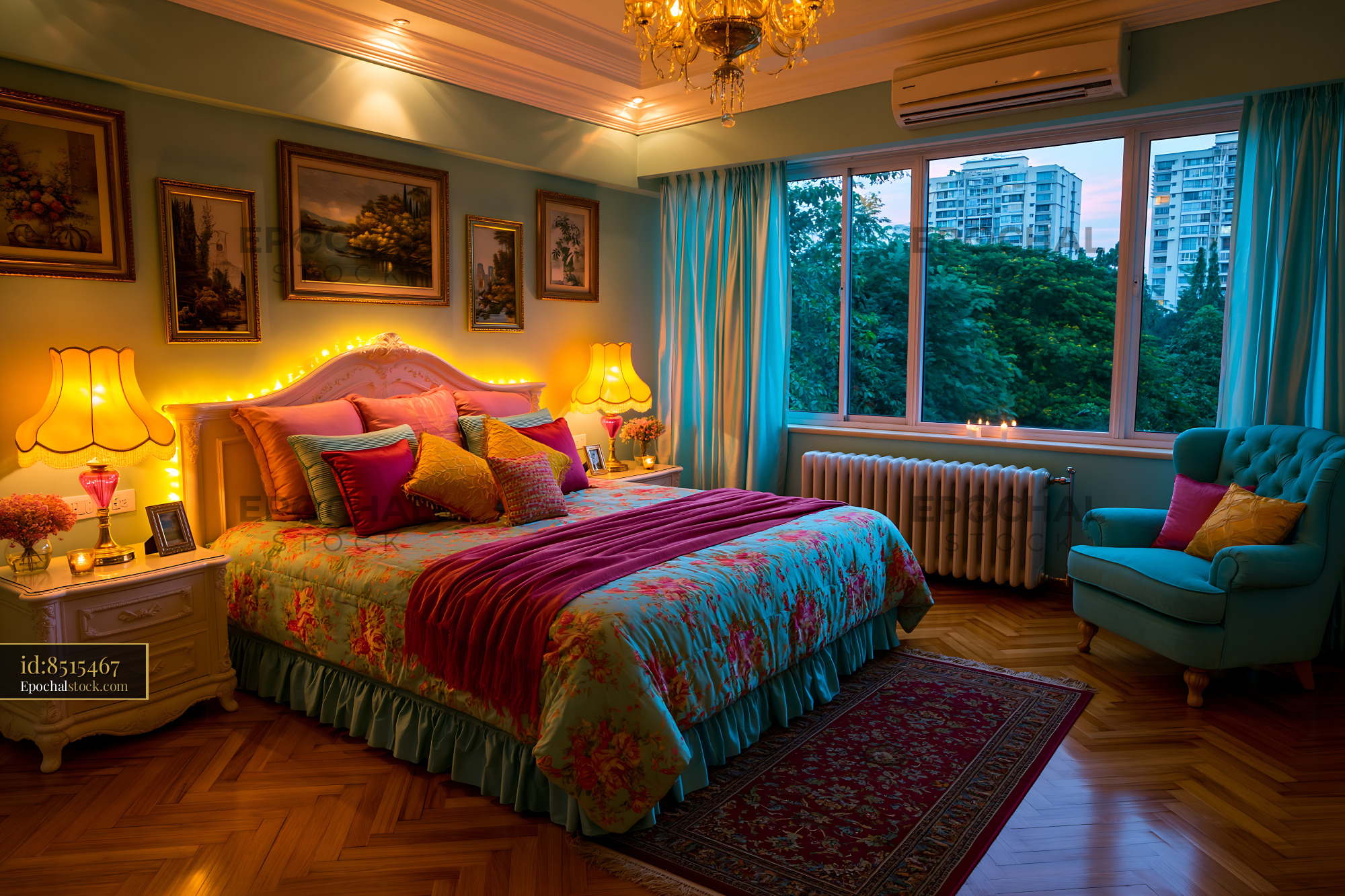Watermarked full-resolution preview of Cozy bedroom with colorful decor and large windows