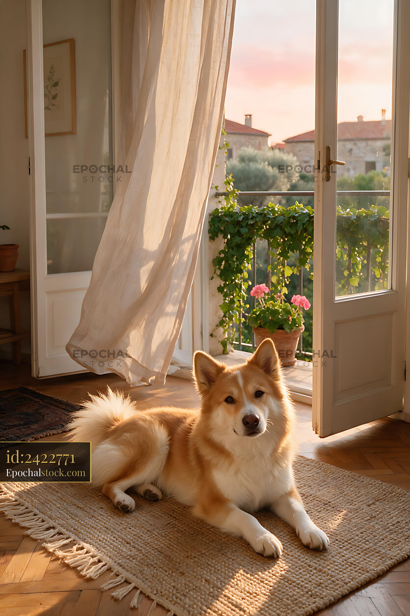 Watermarked full-resolution preview of Fluffy dog relaxing in a sunlit home interior