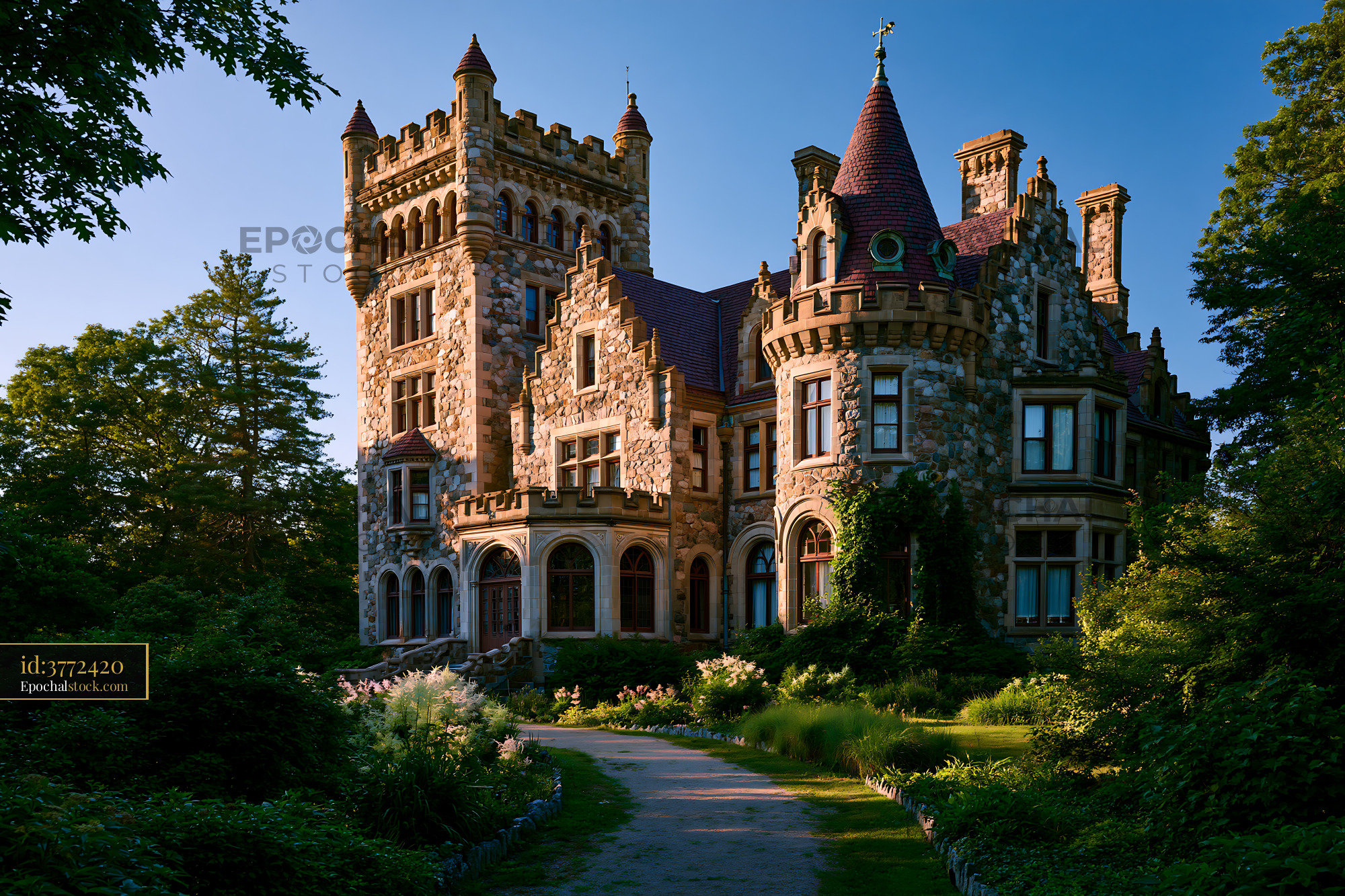 Watermarked full-resolution preview of Ornate historic mansion in a lush garden