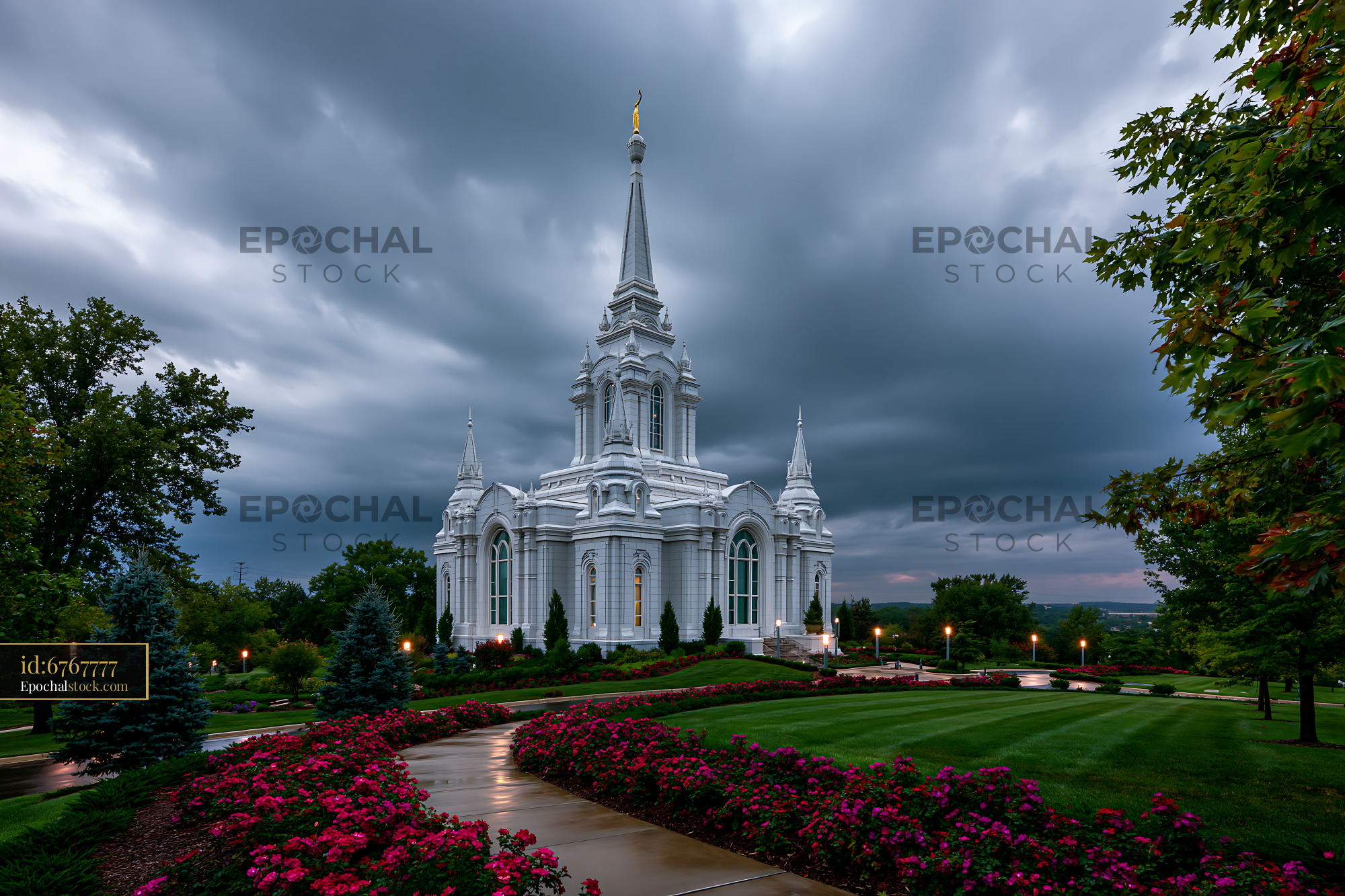 Watermarked full-resolution preview of Church building under cloudy sky with landscaped garden