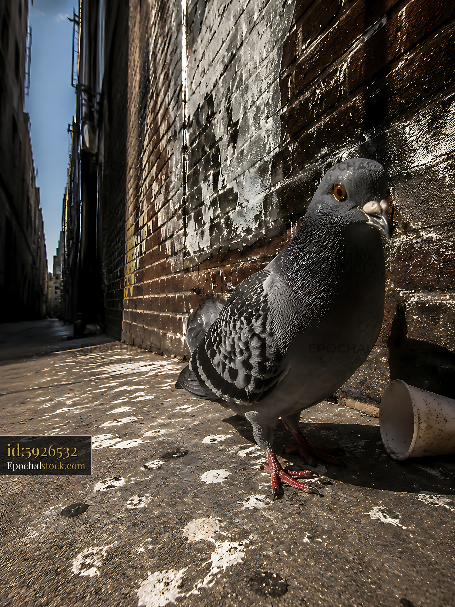 Watermarked full-resolution preview of Pigeon on the sidewalk in an urban alley