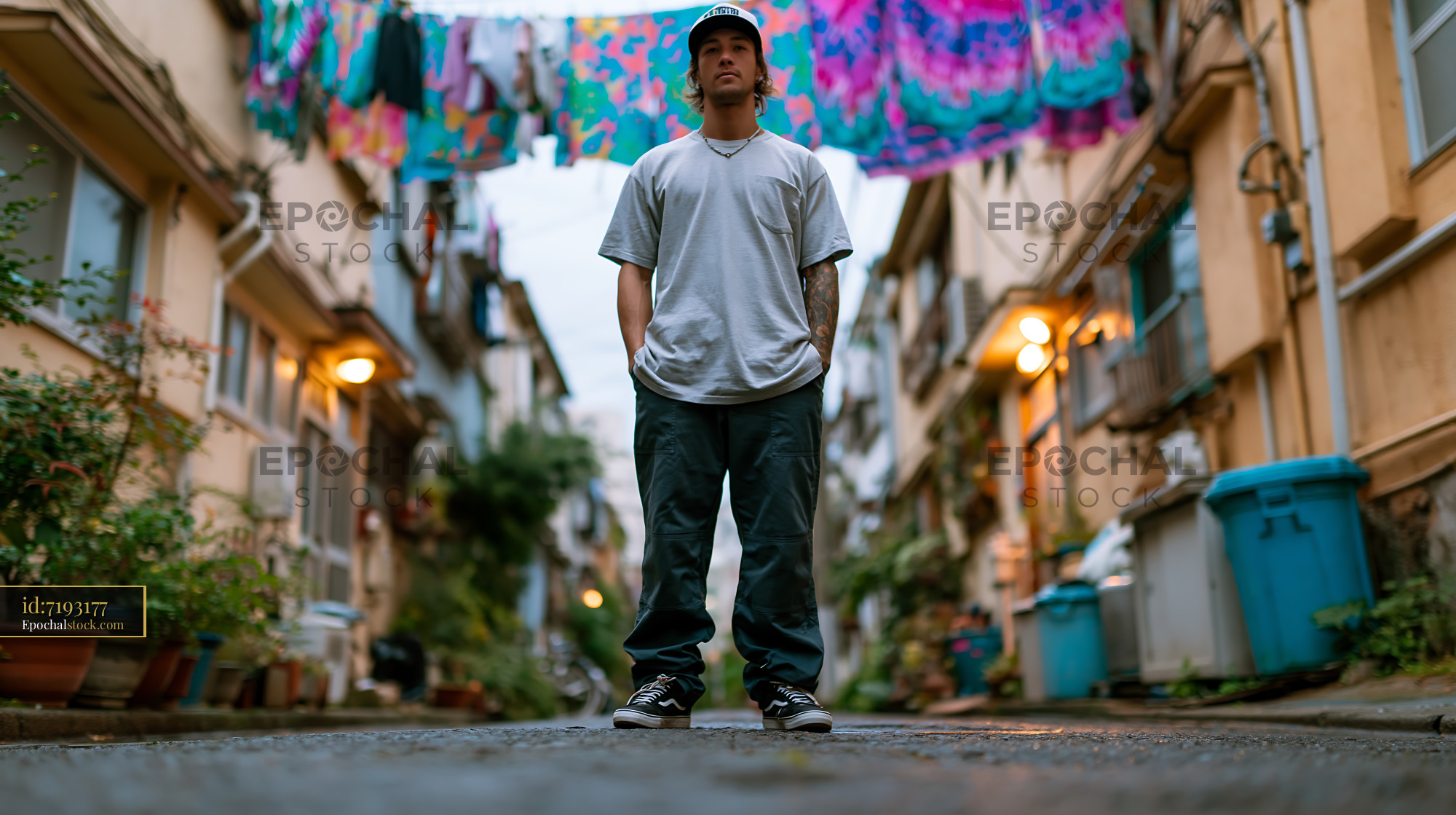Watermarked full-resolution preview of Young man in streetwear standing beneath colorful fabric