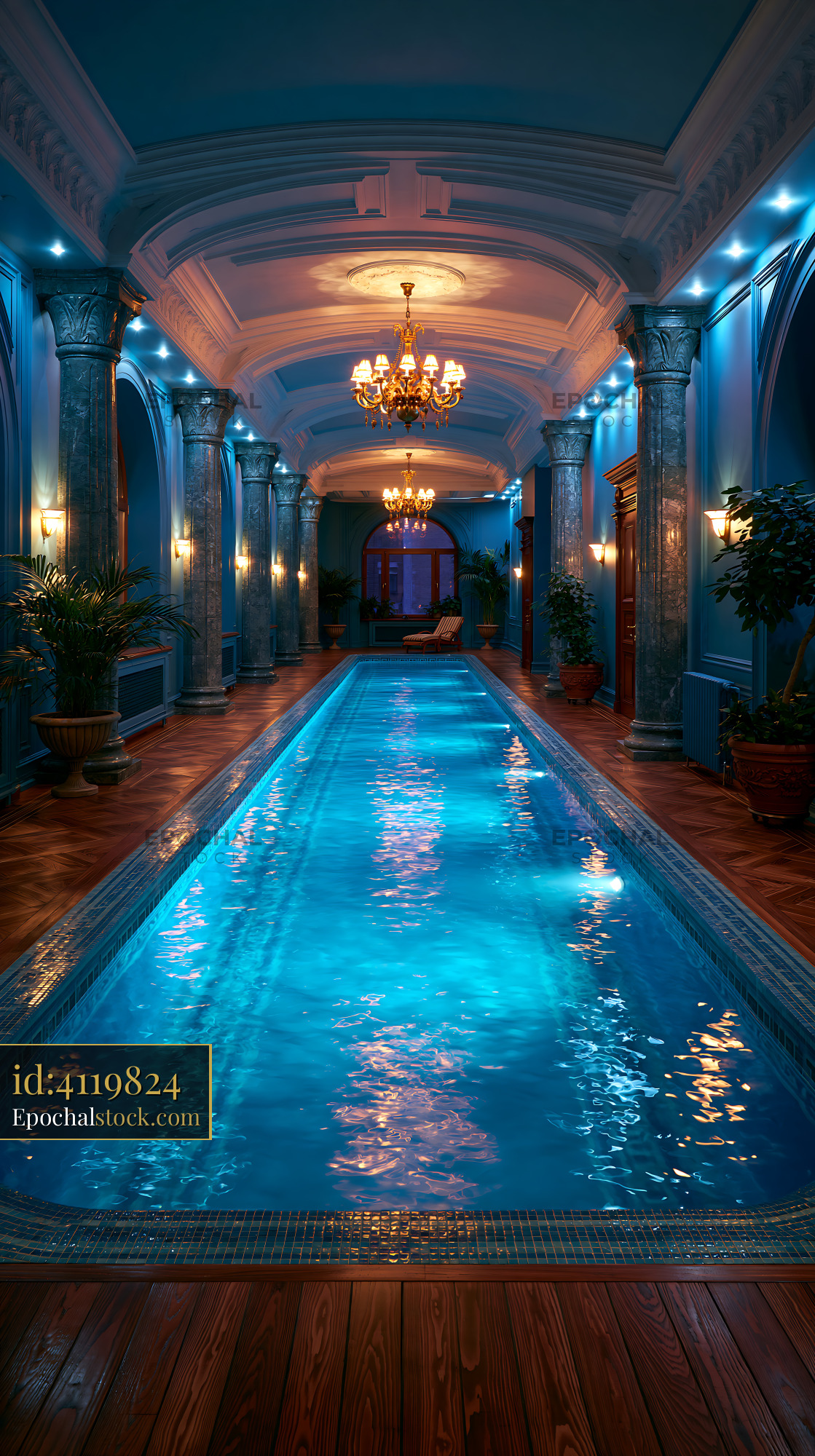 Watermarked full-resolution preview of Turquoise indoor swimming pool in an ornate architectural interior