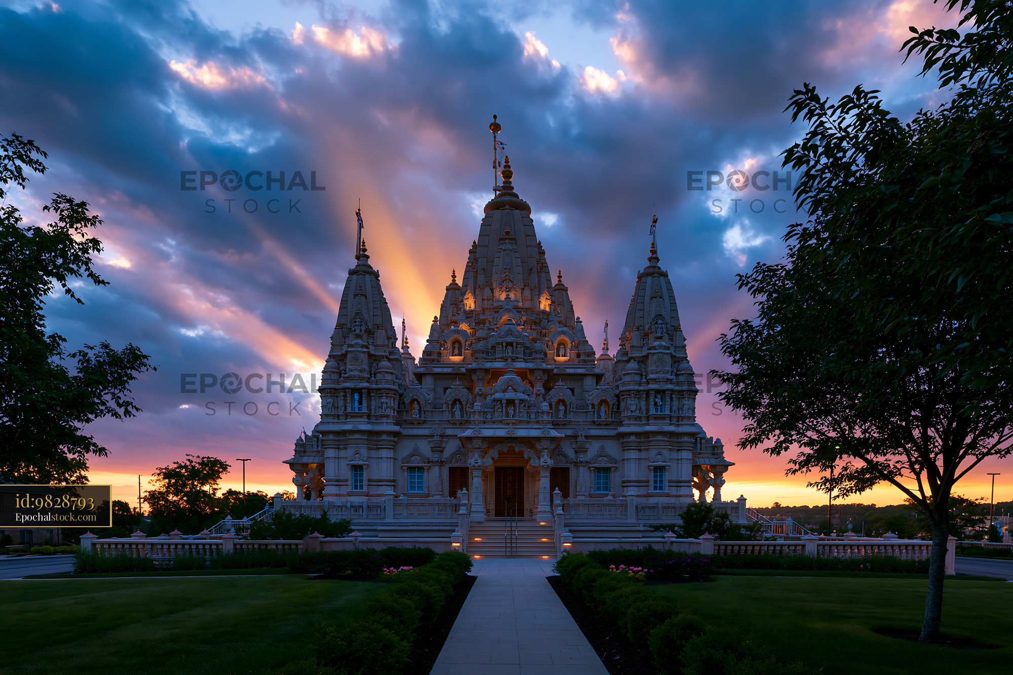 BAPS Swaminarayan Mandir at Sunset in Bartlett, Illinois - stock photo