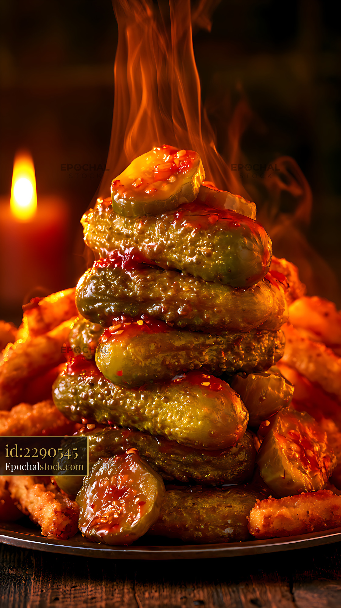 Watermarked full-resolution preview of Glossy stacked pickles in warm dramatic light
