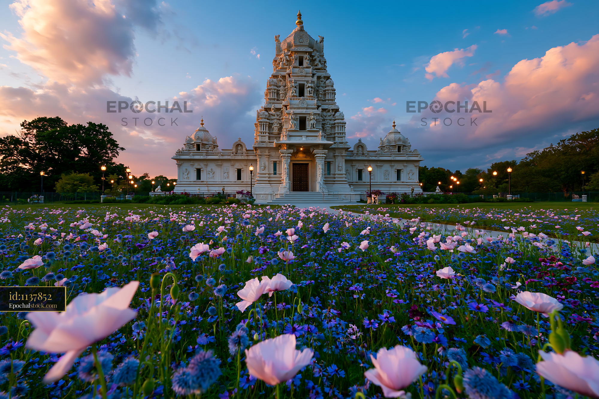 Watermarked full-resolution preview of Temple surrounded by flowers at sunset