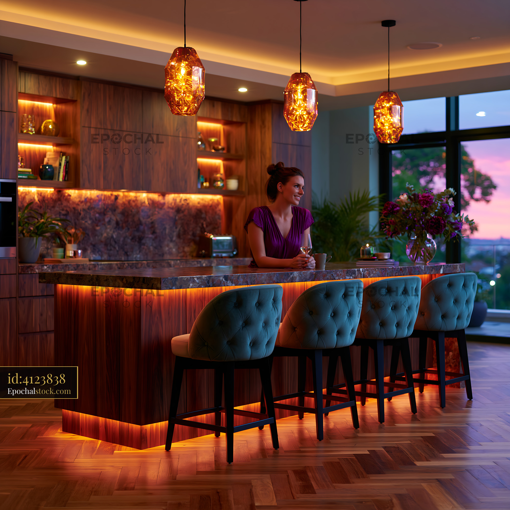Watermarked full-resolution preview of Elegant home bar interior with woman and wine glass