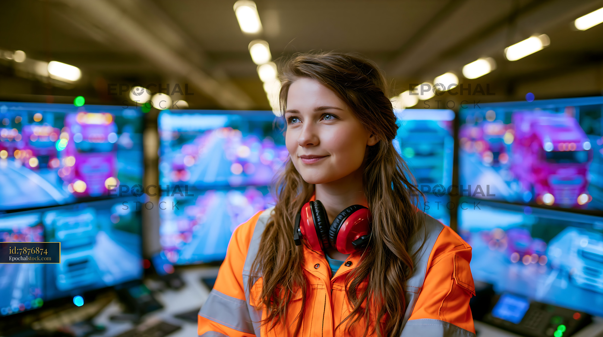 Watermarked full-resolution preview of Portrait of woman in reflective jacket surrounded by monitors