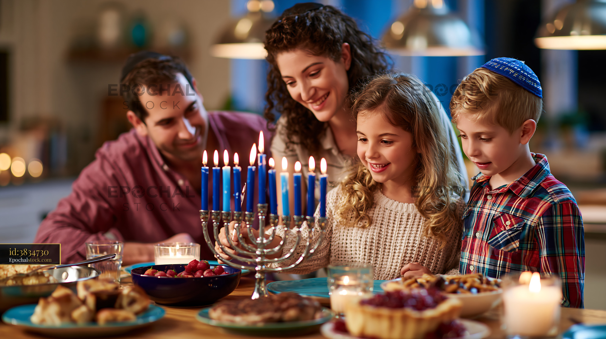 Watermarked full-resolution preview of Family celebrates together around a table during a holiday gathering
