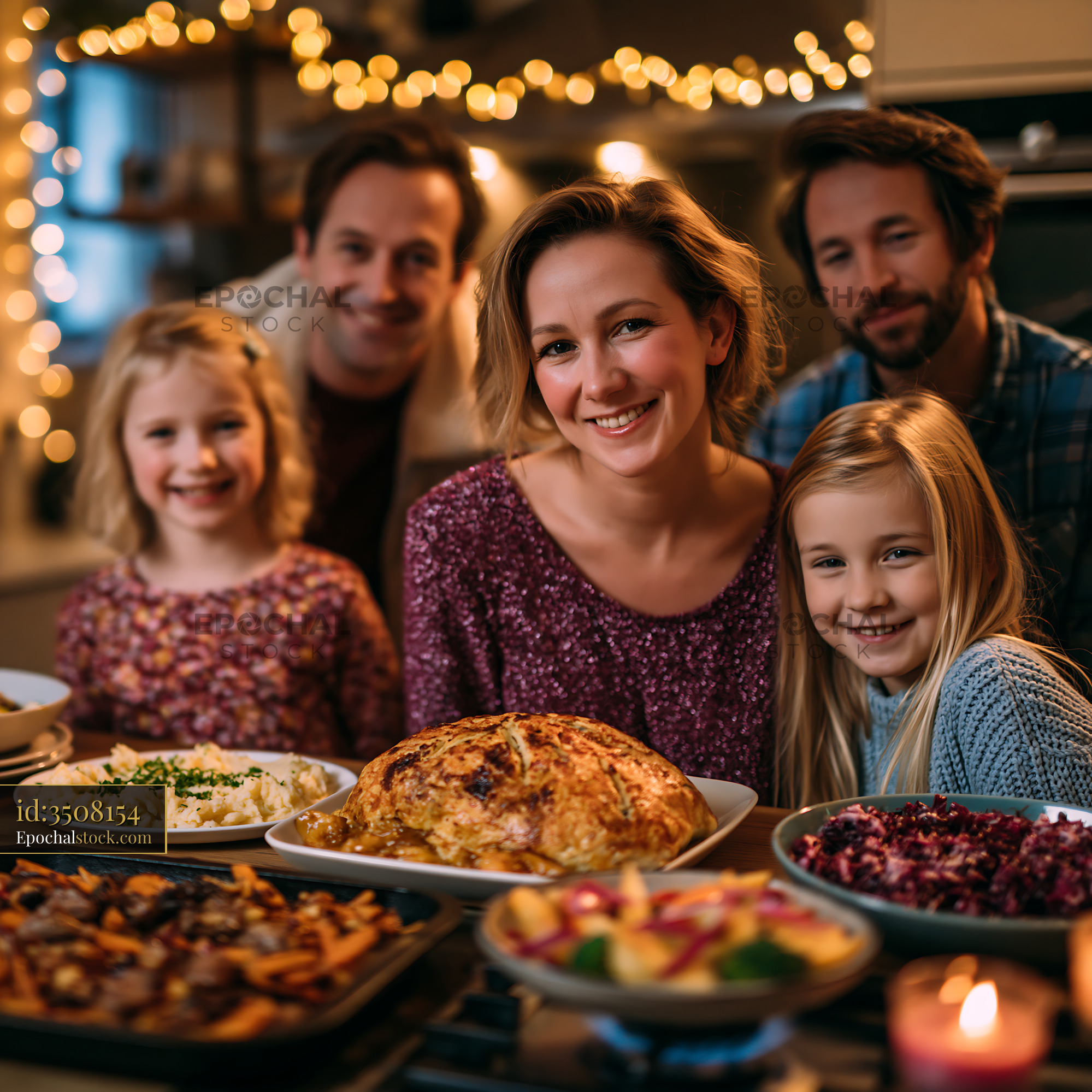 Watermarked full-resolution preview of Family gathering around a festive dinner table