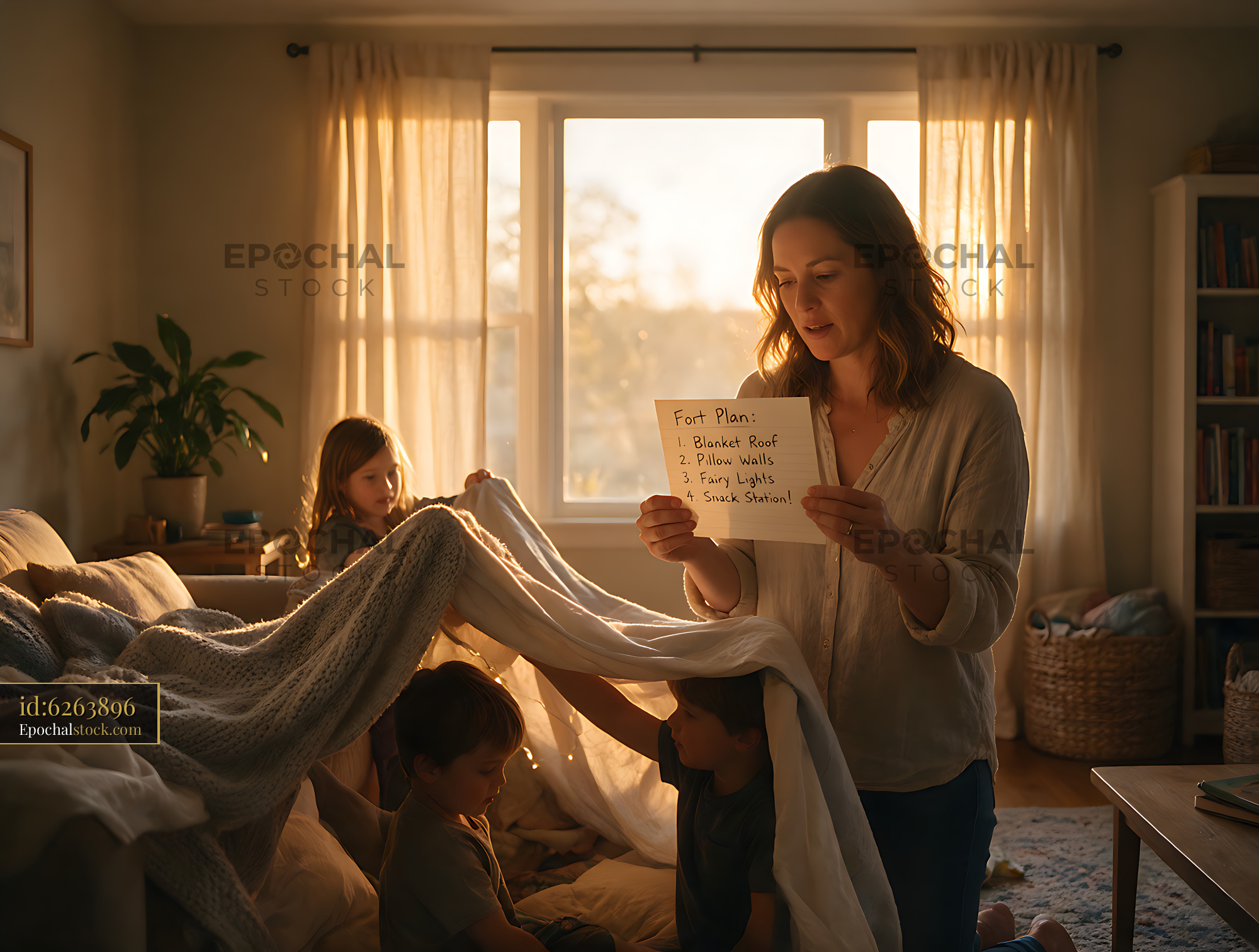 Watermarked full-resolution preview of Family building a blanket fort in a sunlit living room