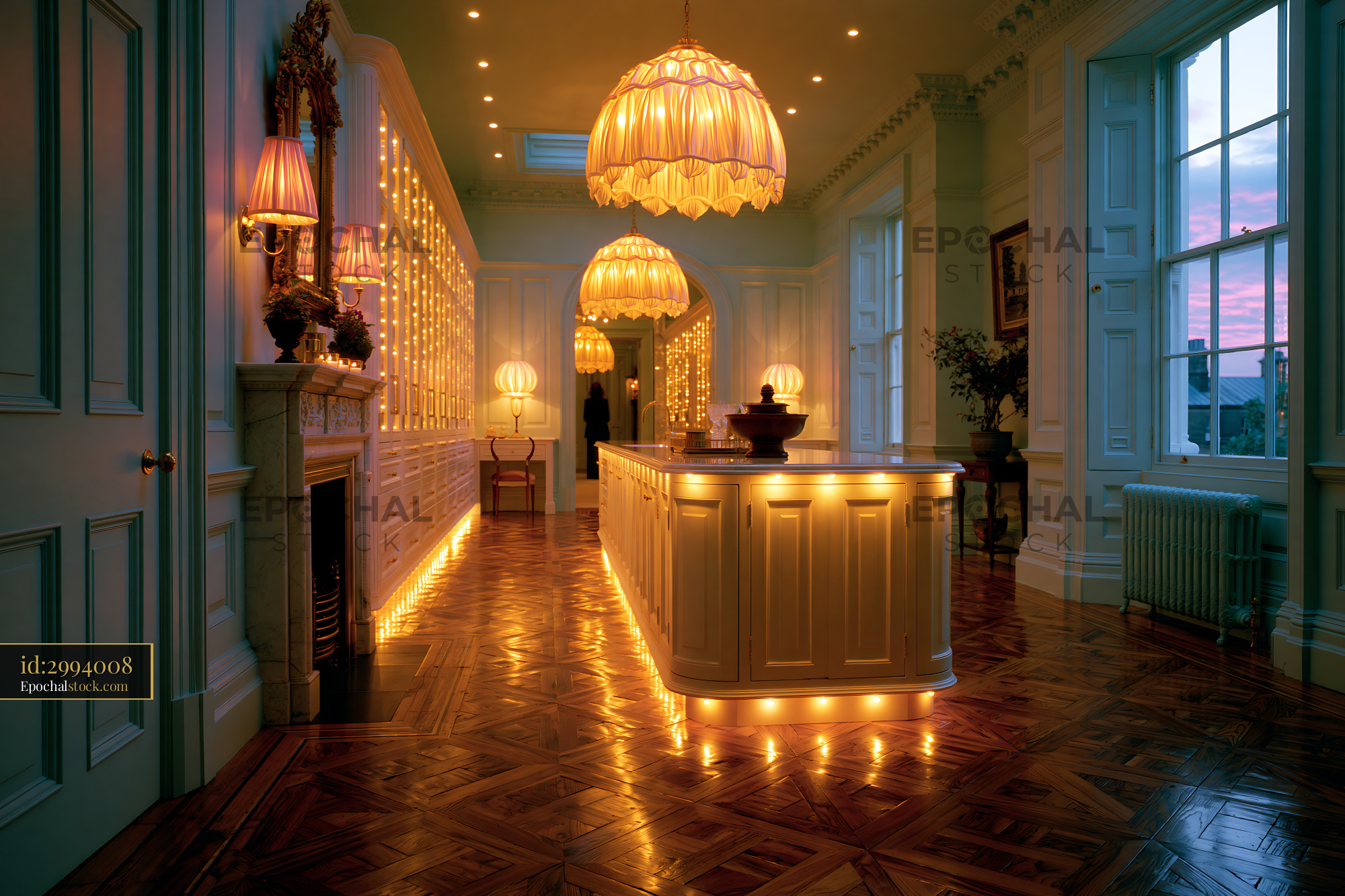 Watermarked full-resolution preview of Warmly lit hall with elegant lamps and wooden floor