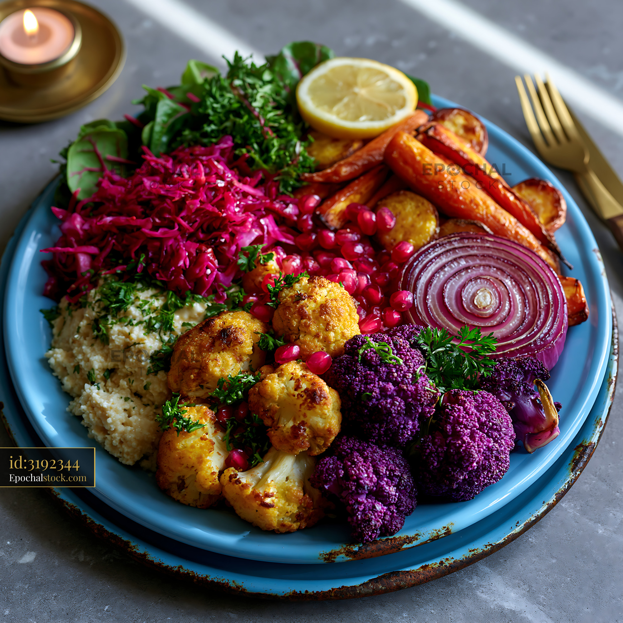 Watermarked full-resolution preview of Colorful plate of roasted vegetables and salads with toppings