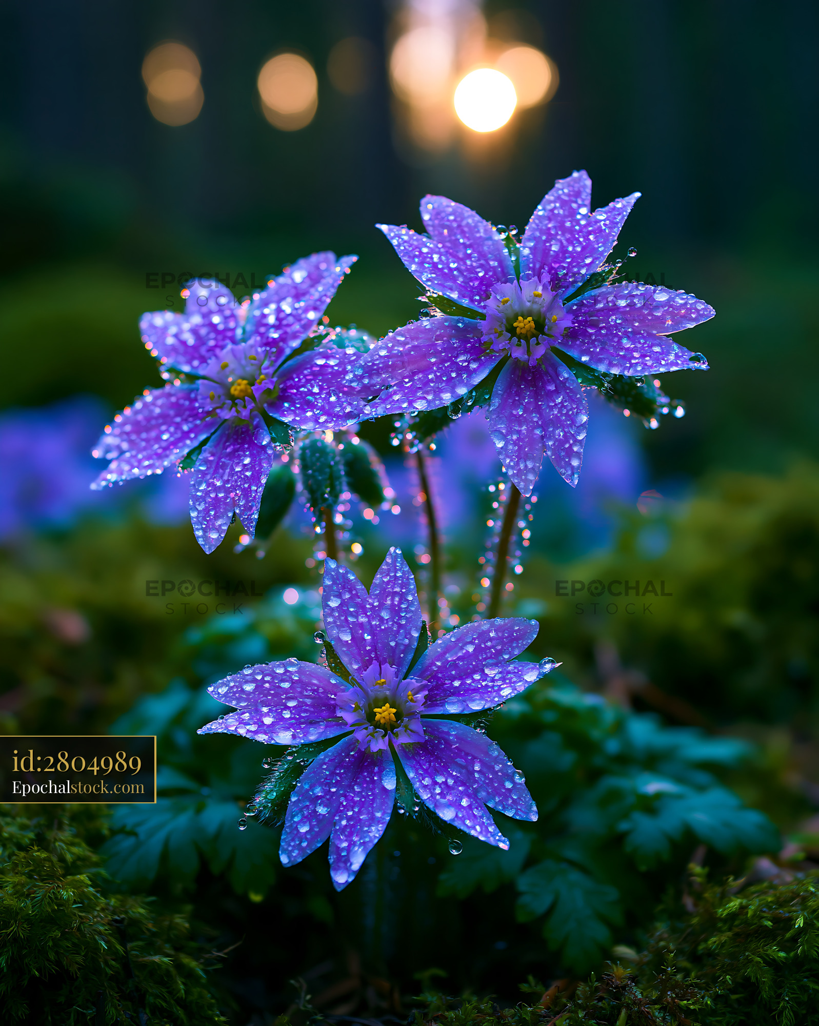 Watermarked full-resolution preview of Purple flowers with water droplets in forest at sunset