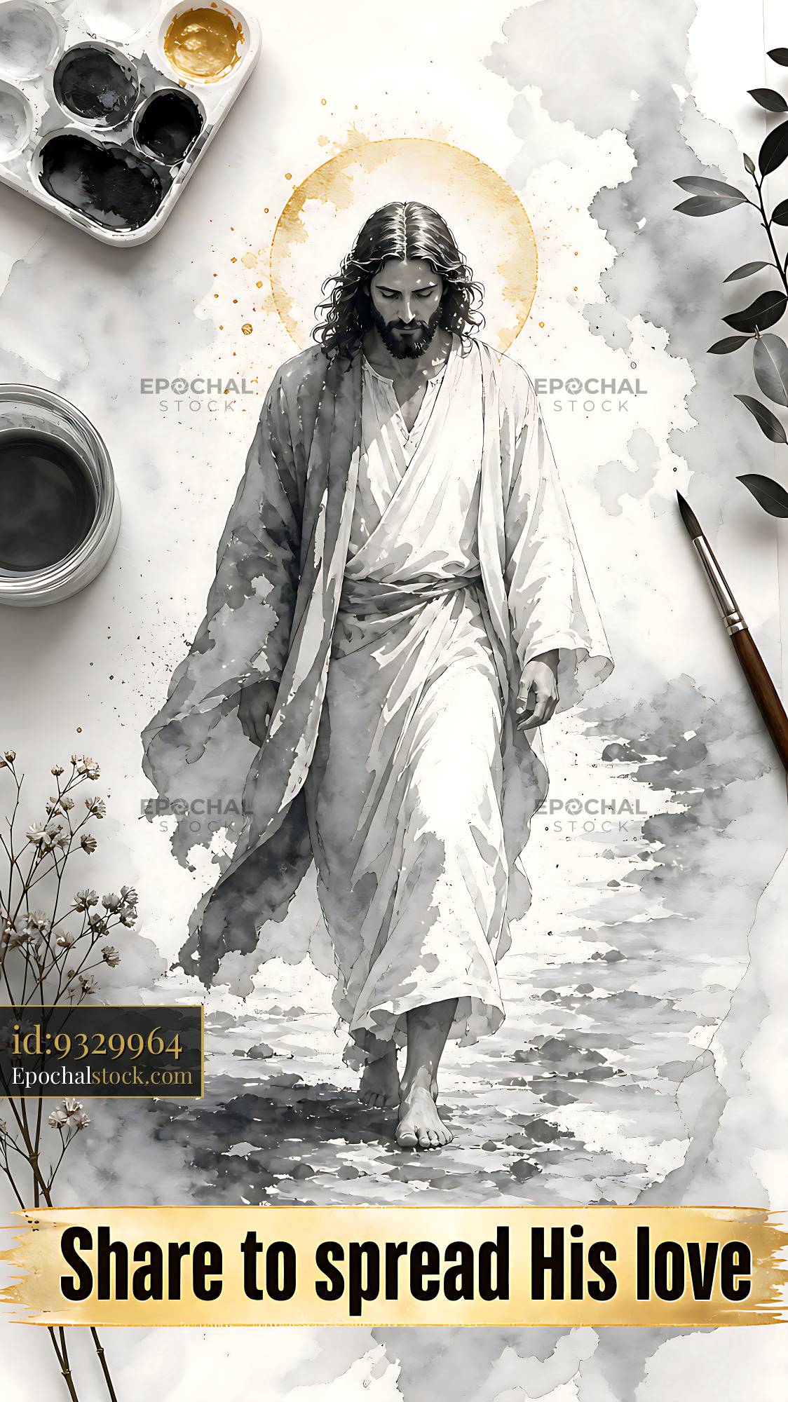 Watermarked full-resolution preview of Walking on water in watercolor art