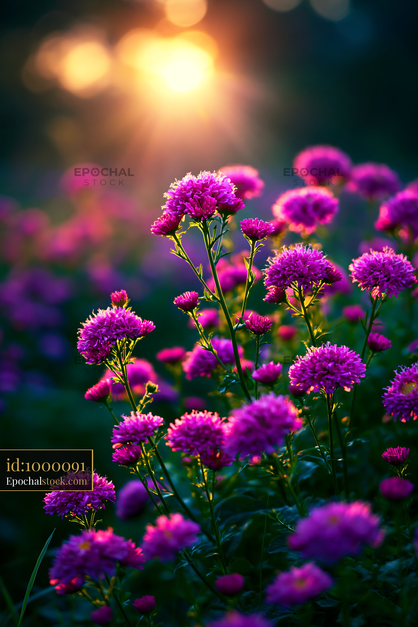 Watermarked full-resolution preview of Purple flowers blooming in garden at sunset