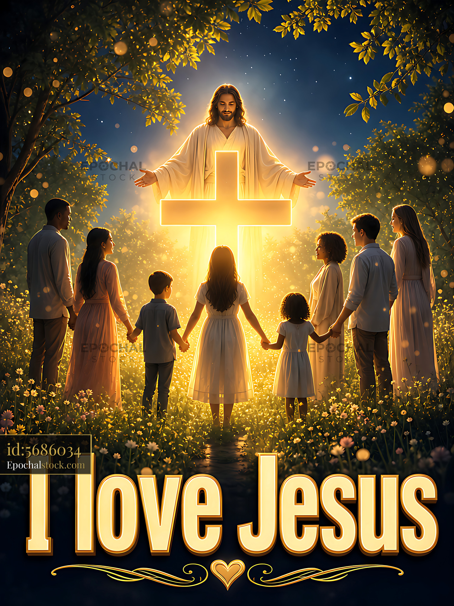 Jesus Stands With a Group of People Around a Glowing Cross - stock photo