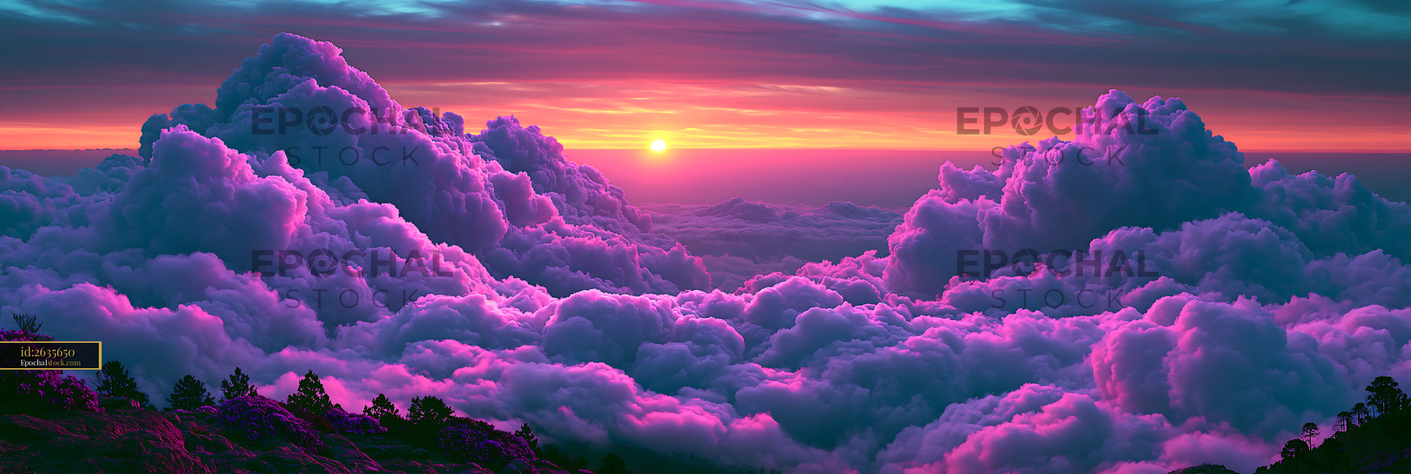 Watermarked full-resolution preview of Colorful sunset over dramatic clouds and silhouetted hills
