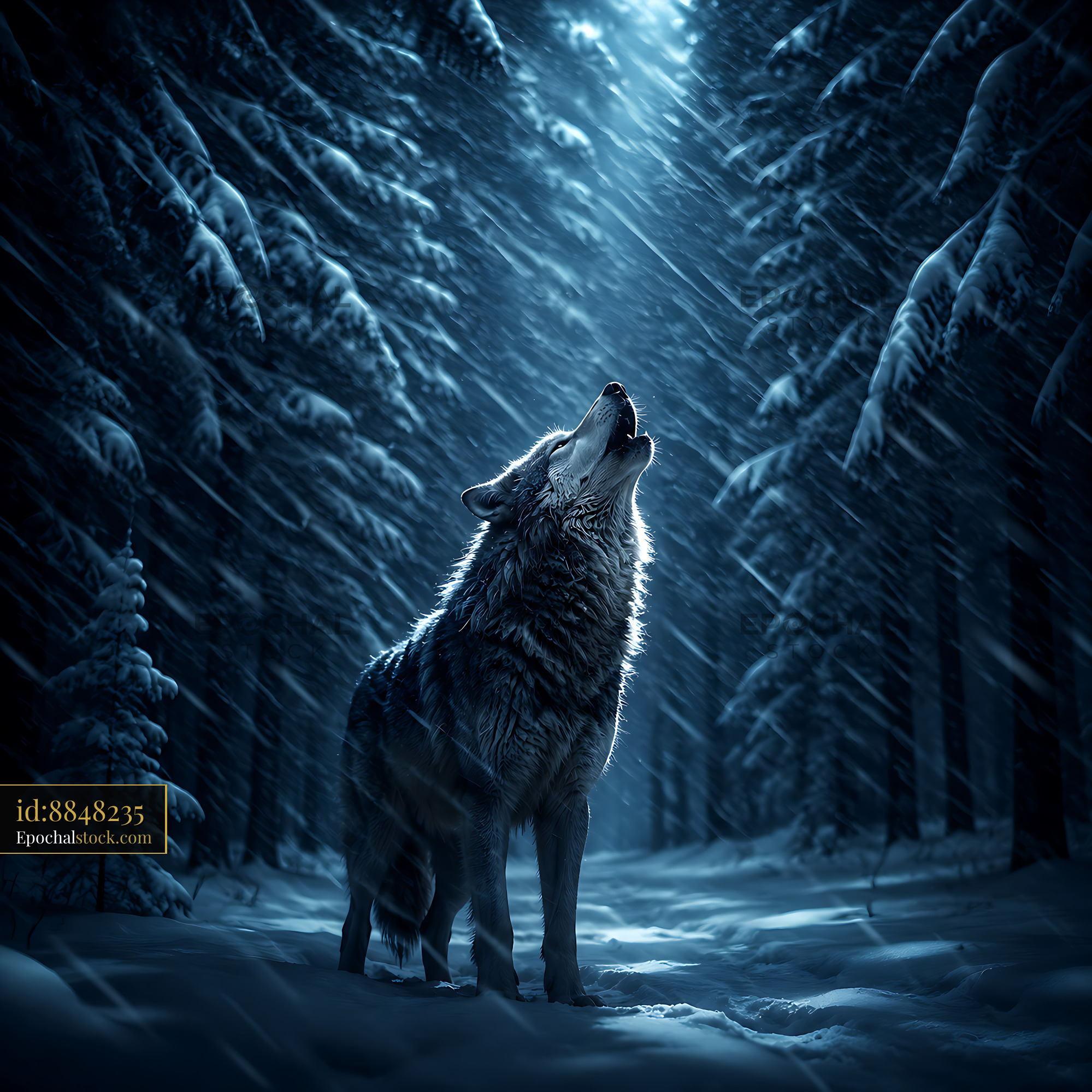 Watermarked full-resolution preview of Wolf howling in snowy forest under moonlight