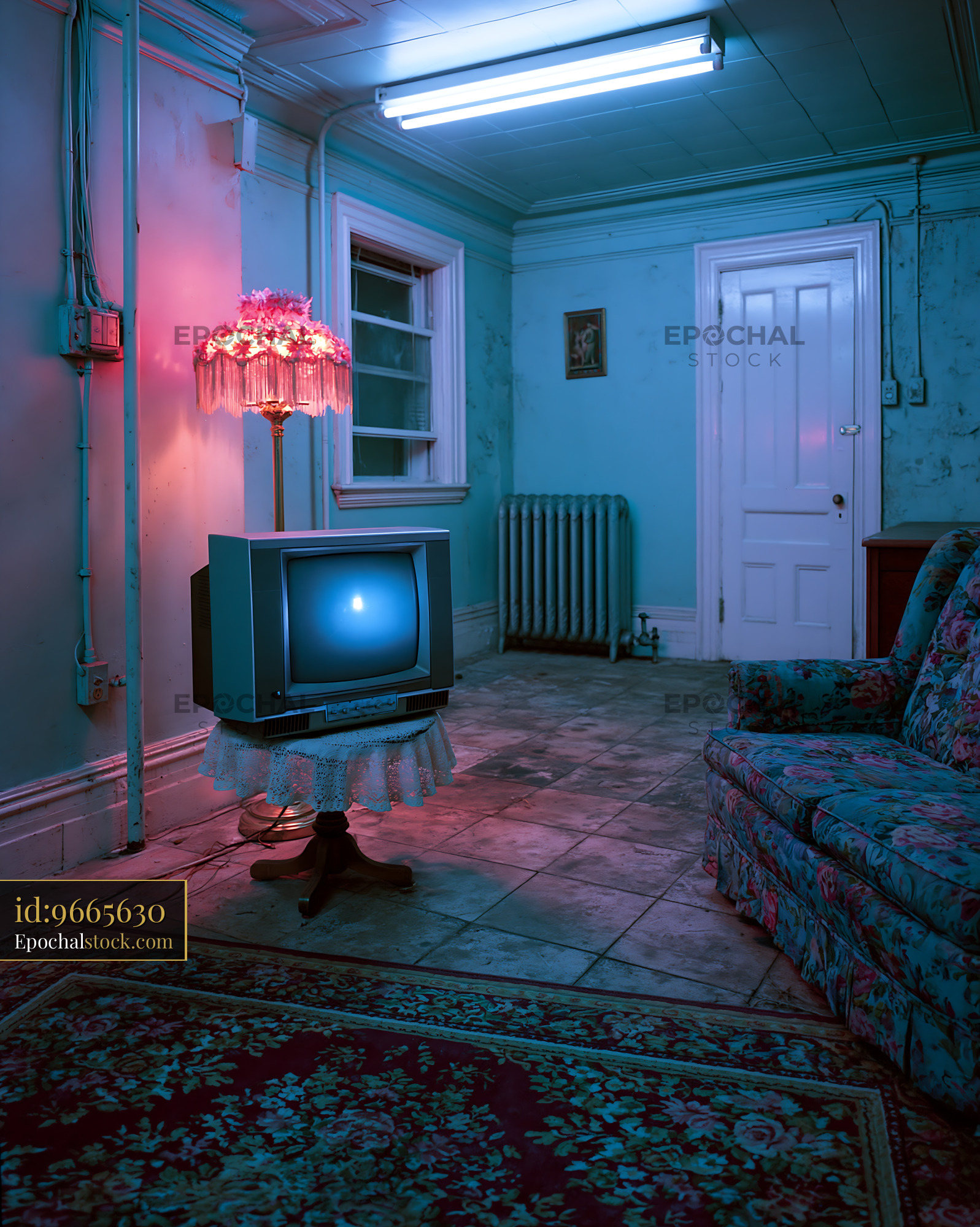 Watermarked full-resolution preview of Old living room with vintage television and colorful lighting