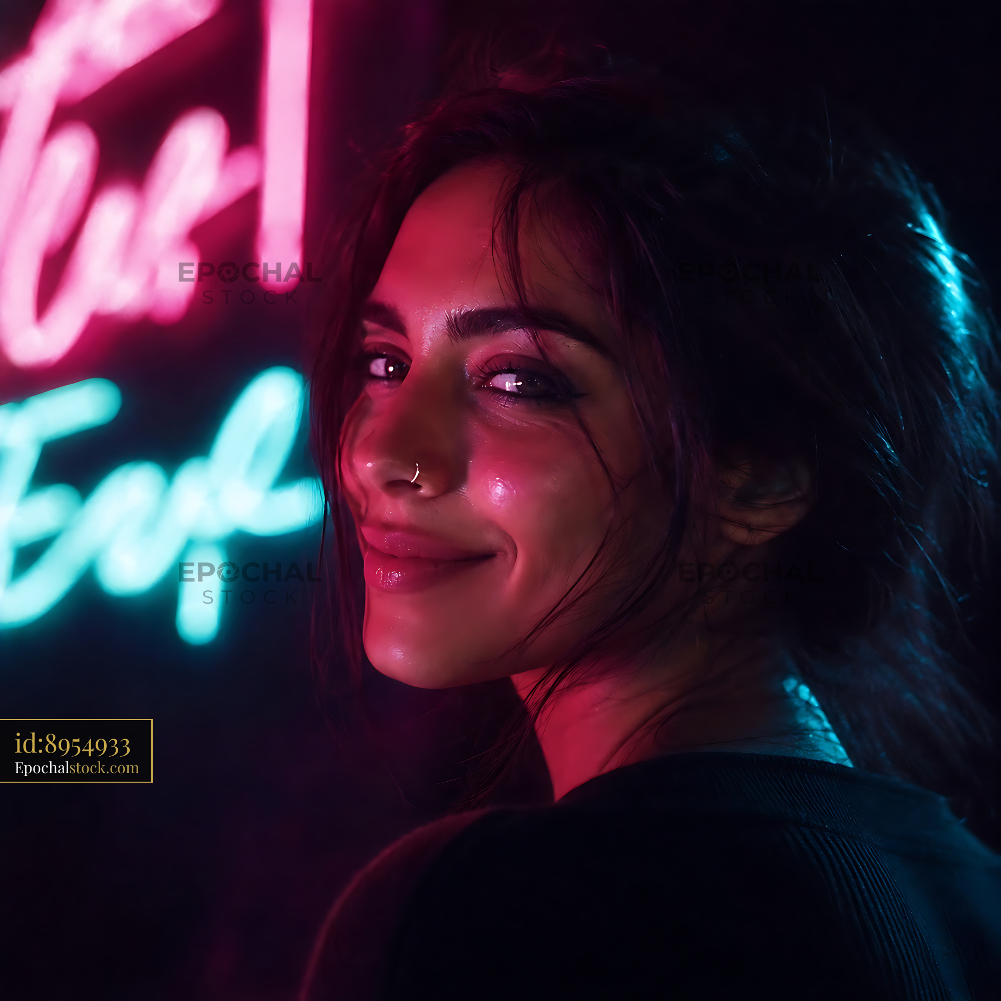 Woman Smiles in Front of Colorful Neon Lights at Night - stock photo