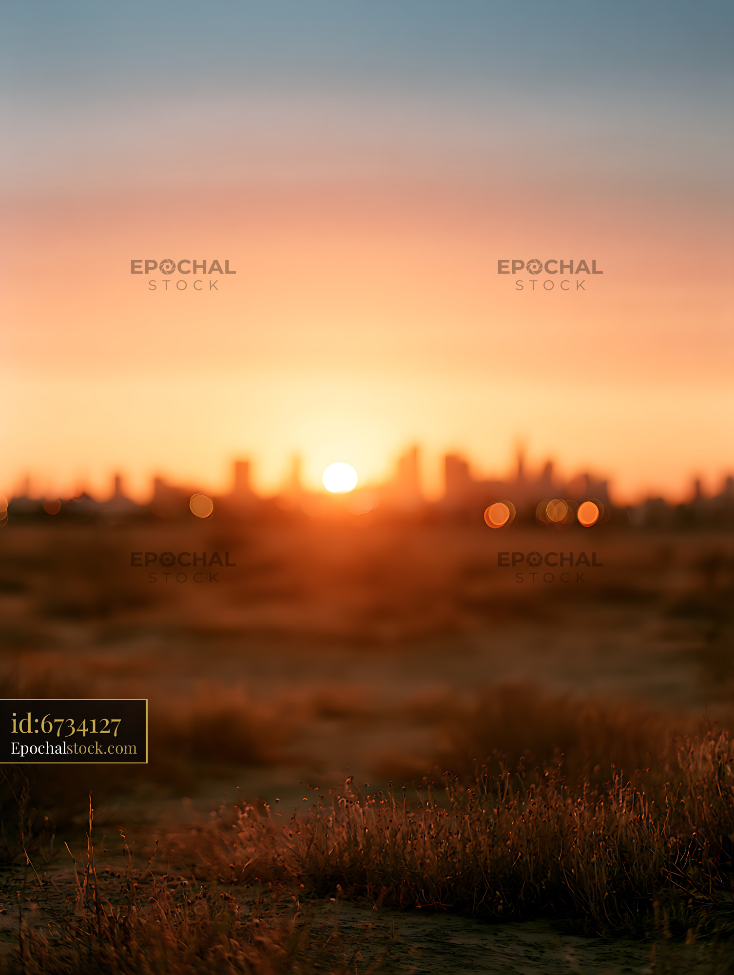 Watermarked full-resolution preview of Warm Blurred Sunset and City Skyline