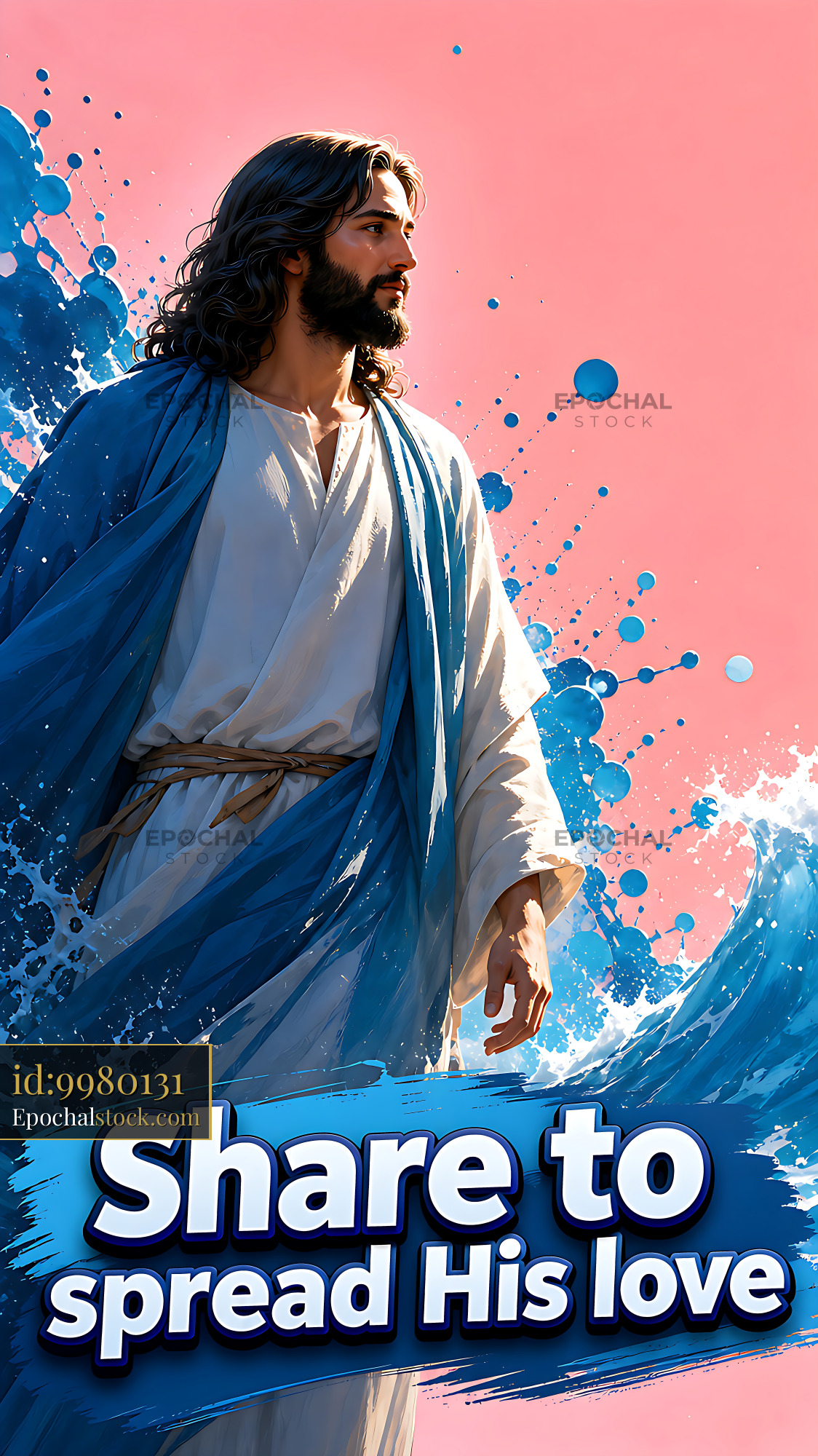 Watermarked full-resolution preview of Man in blue robe standing by vibrant waves with splash design
