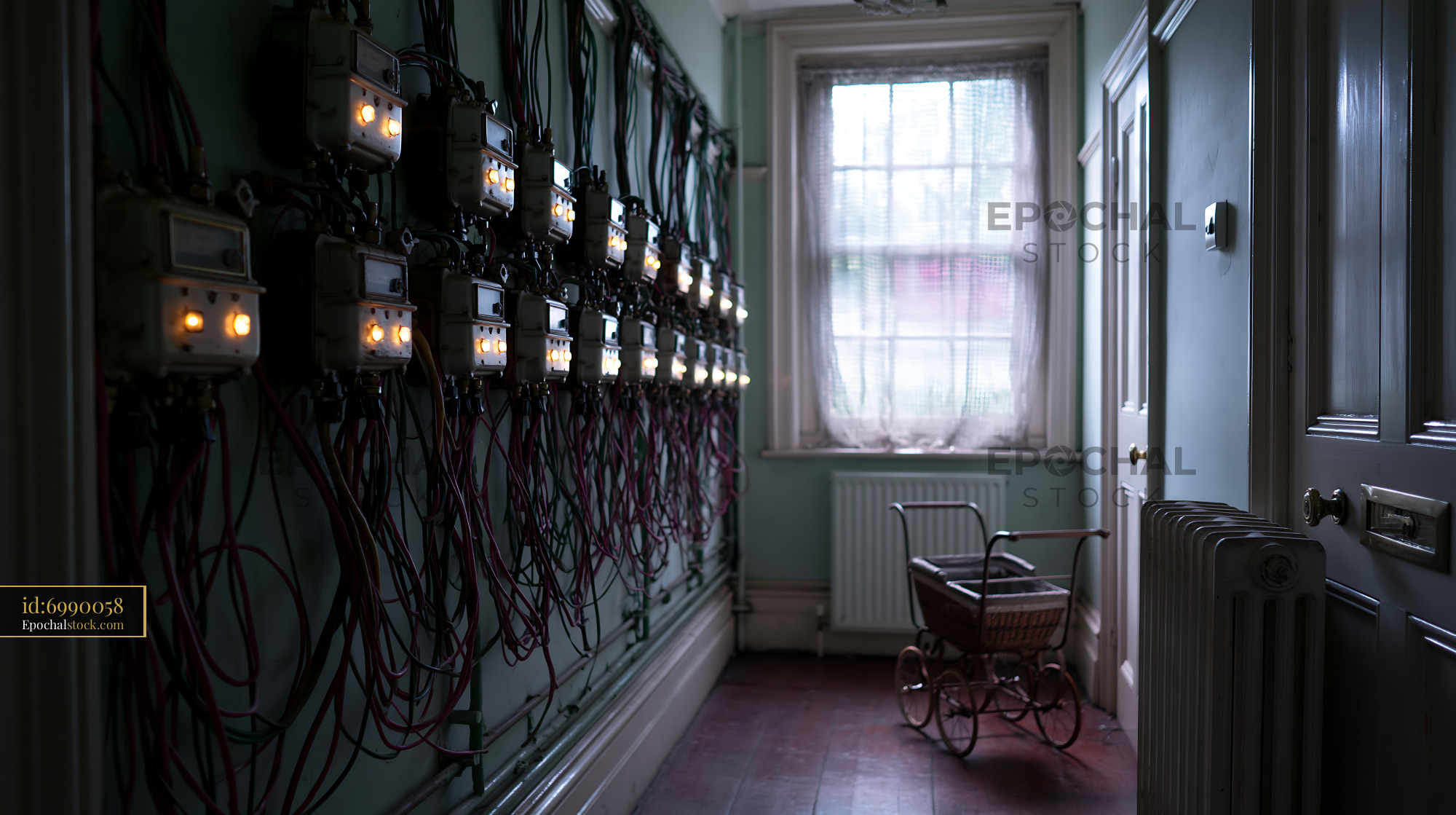 Watermarked full-resolution preview of Old hallway with electrical meters and a vintage stroller